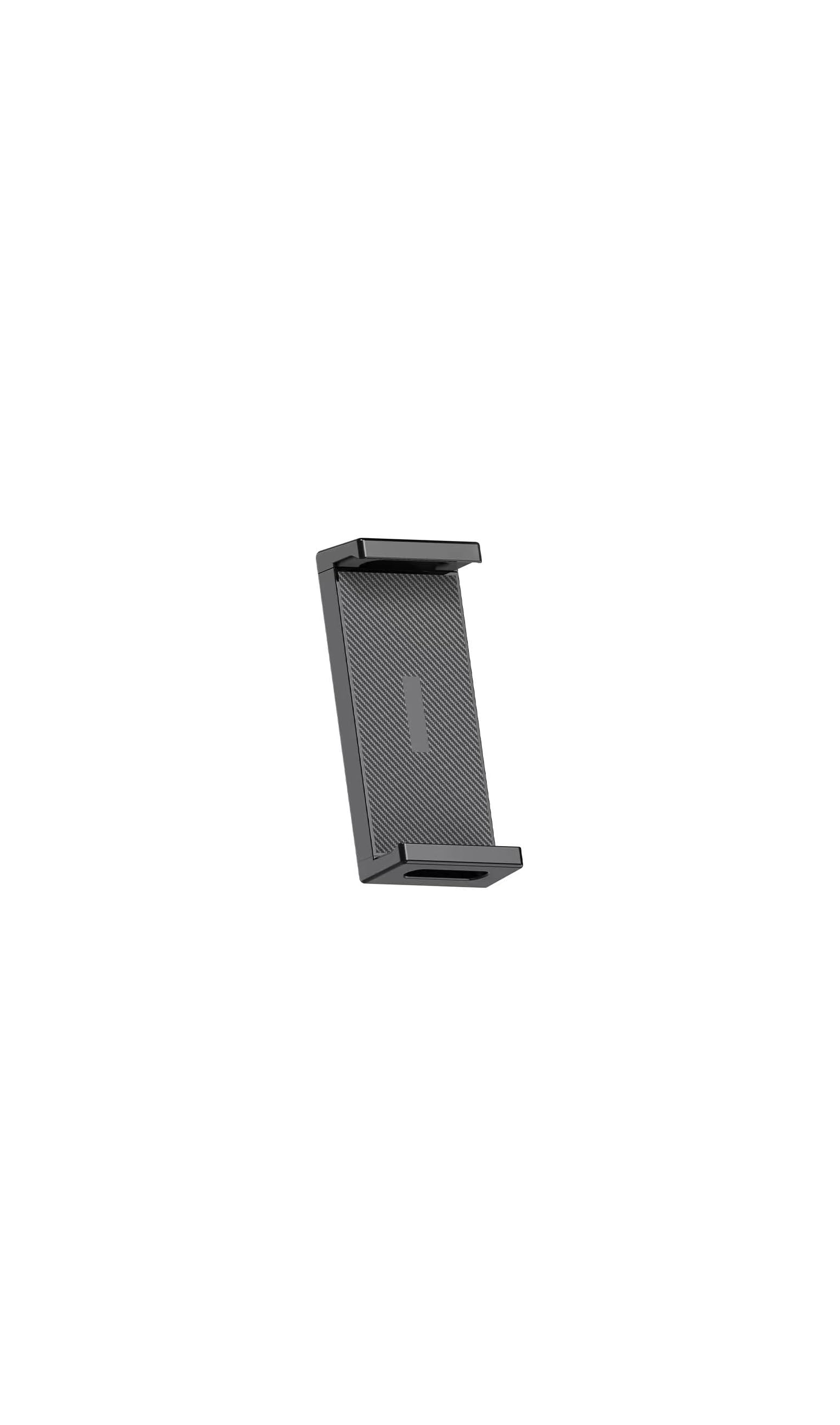 Ein dunkler Handyhalter mit Carbon-Muster.