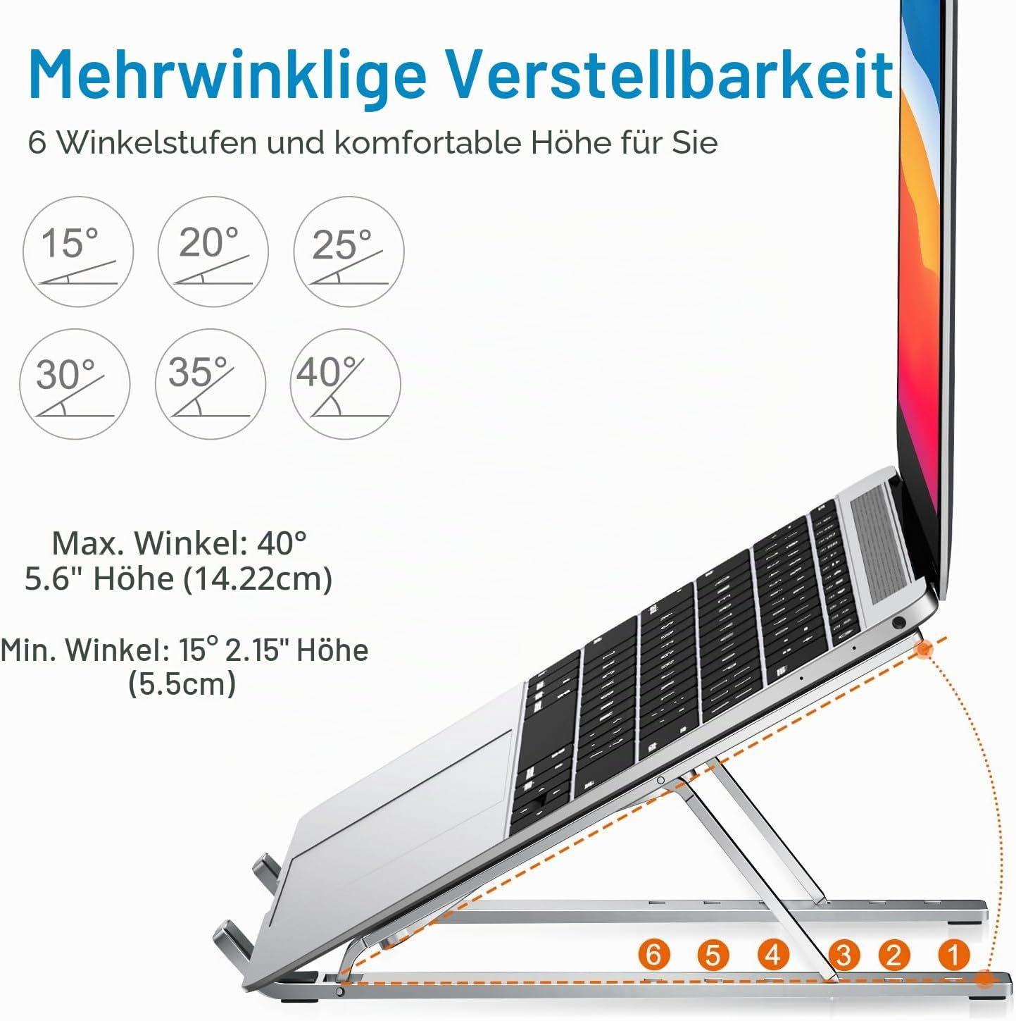 Ein Laptop auf einem verstellbaren Ständer mit Winkeln von 15-40 Grad.