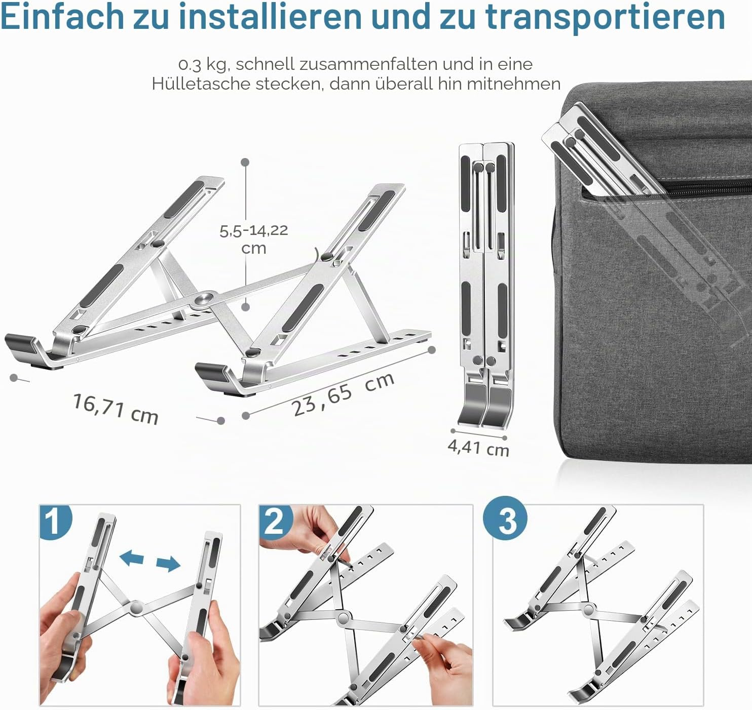 Ein silberner Laptopständer wird gezeigt, zusammenklappbar und tragbar.