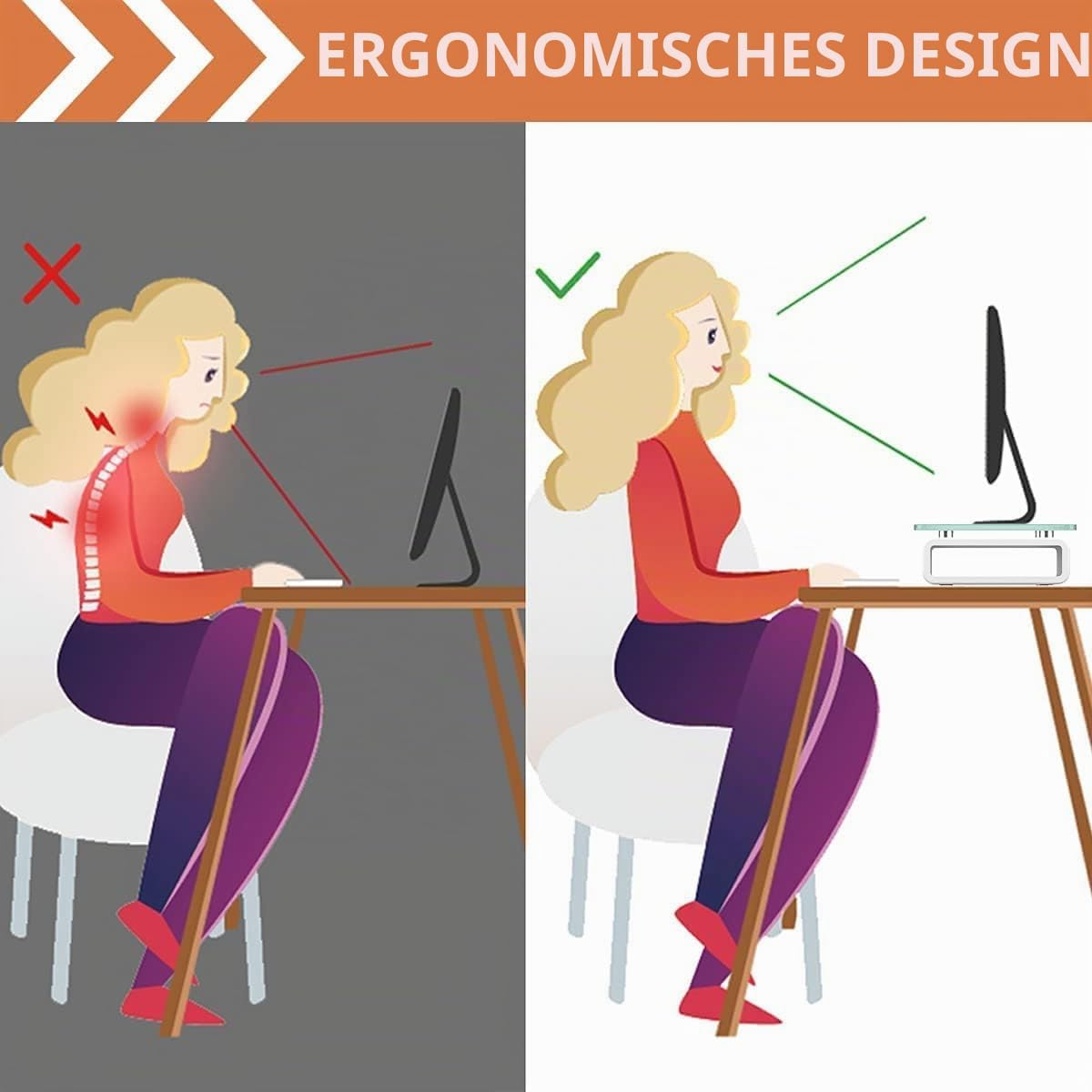 Vergleich zweier Sitzhaltungen am Schreibtisch, eine schlechte und eine gute.