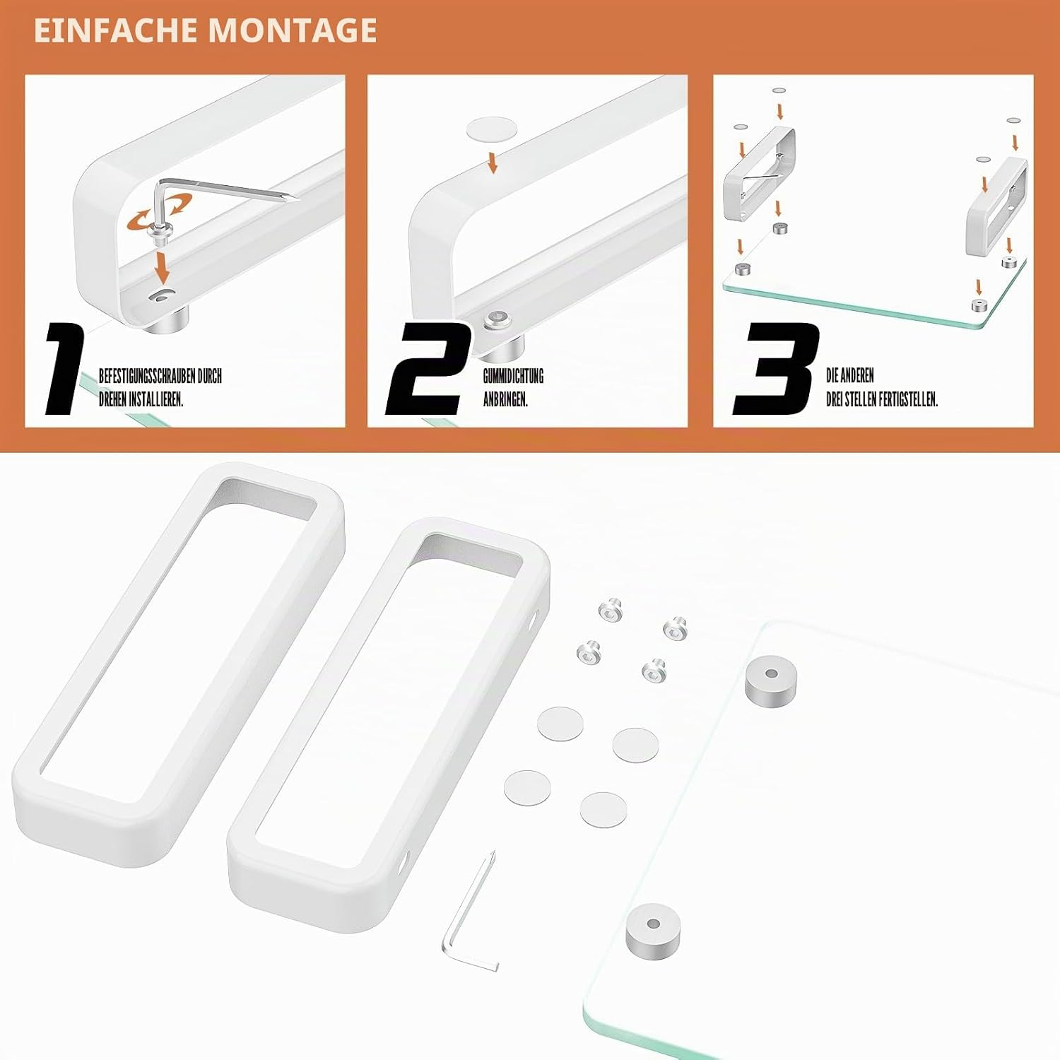 Illustrationen zur einfachen Montage eines Produkts mit Schrauben, Gummidichtungen und Glas.