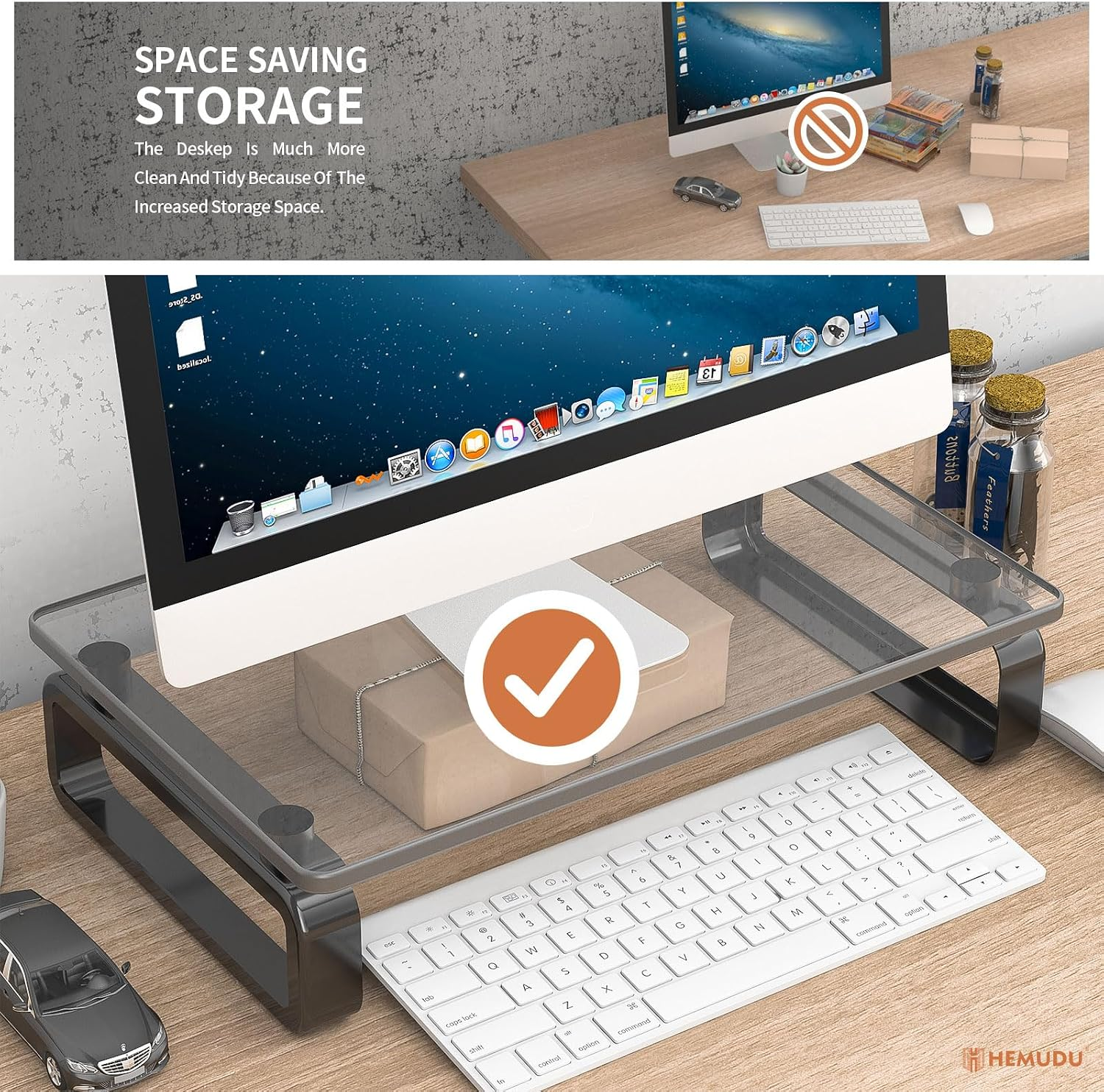 Ein Schreibtischständer mit einem Monitor, Tastatur und Maus auf einem Holztisch.