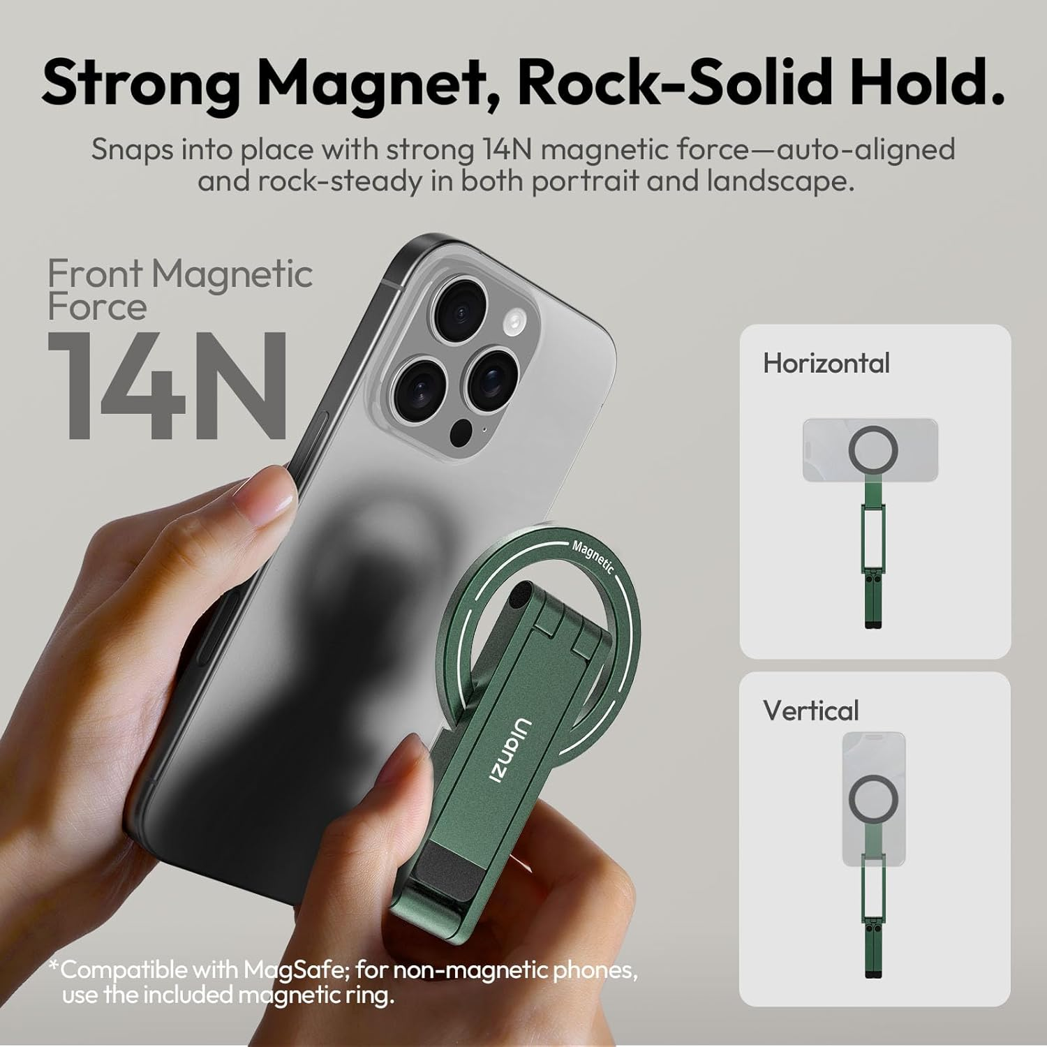 iPhone con soporte de anillo magnético. Muestra fuerza de 14N, uso horizontal y vertical.