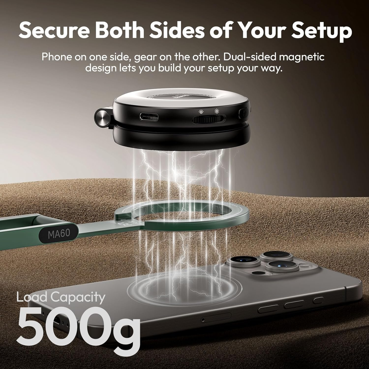 Soporte magnético conecta teléfono y equipo, capacidad 500g.