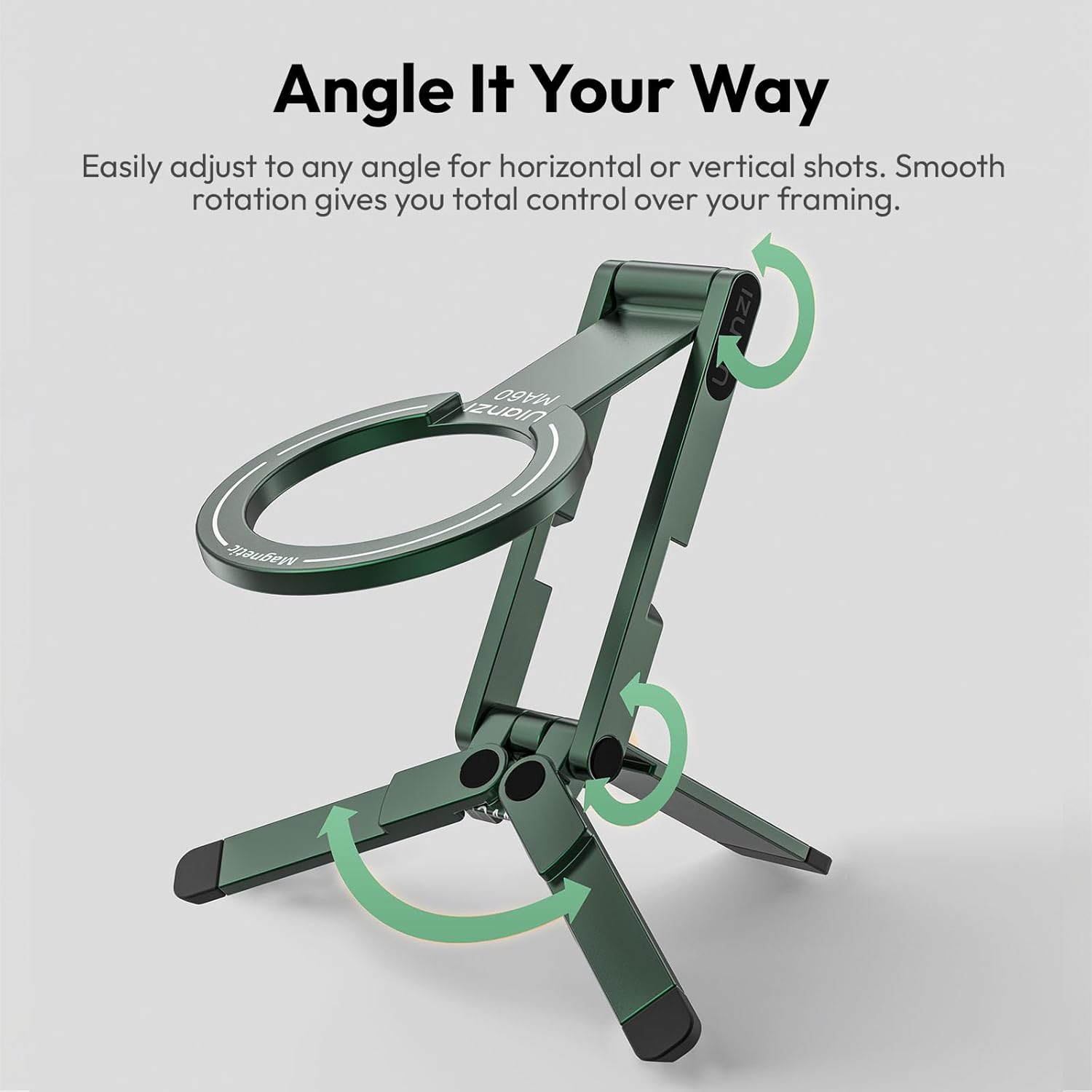 Un soporte ajustable verde oscuro con flechas que indican opciones de rotación.