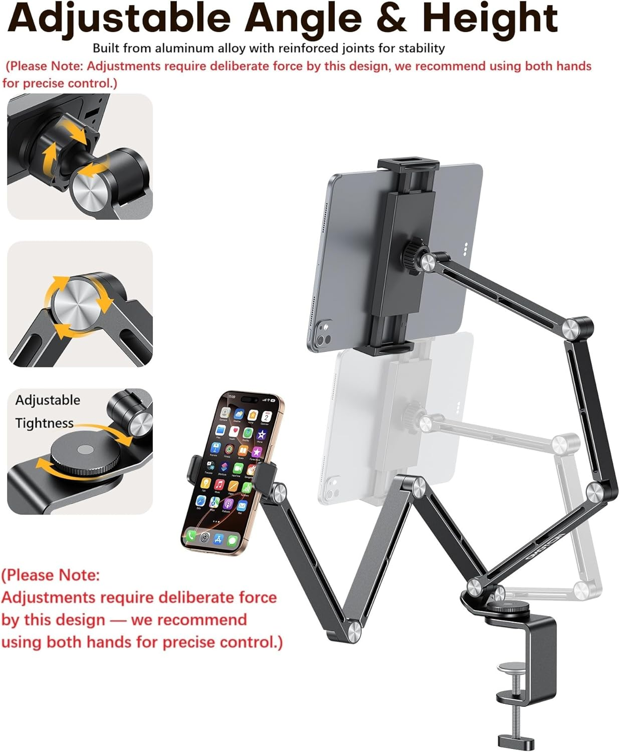Ein verstellbarer Arm hält ein Tablet und ein Smartphone über einer Tischklemme.