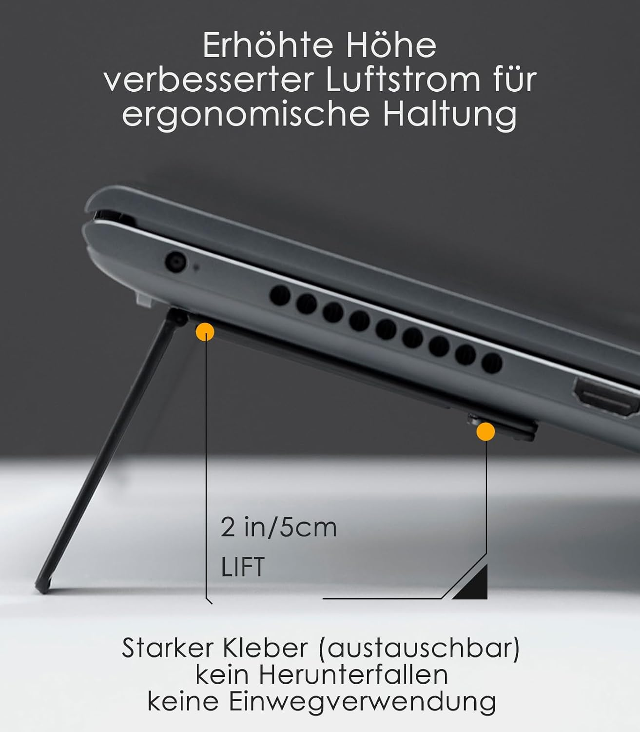 Ein Laptopständer hebt einen Laptop um 2 Zoll/5cm an, verbessert die Belüftung und Haltung.
