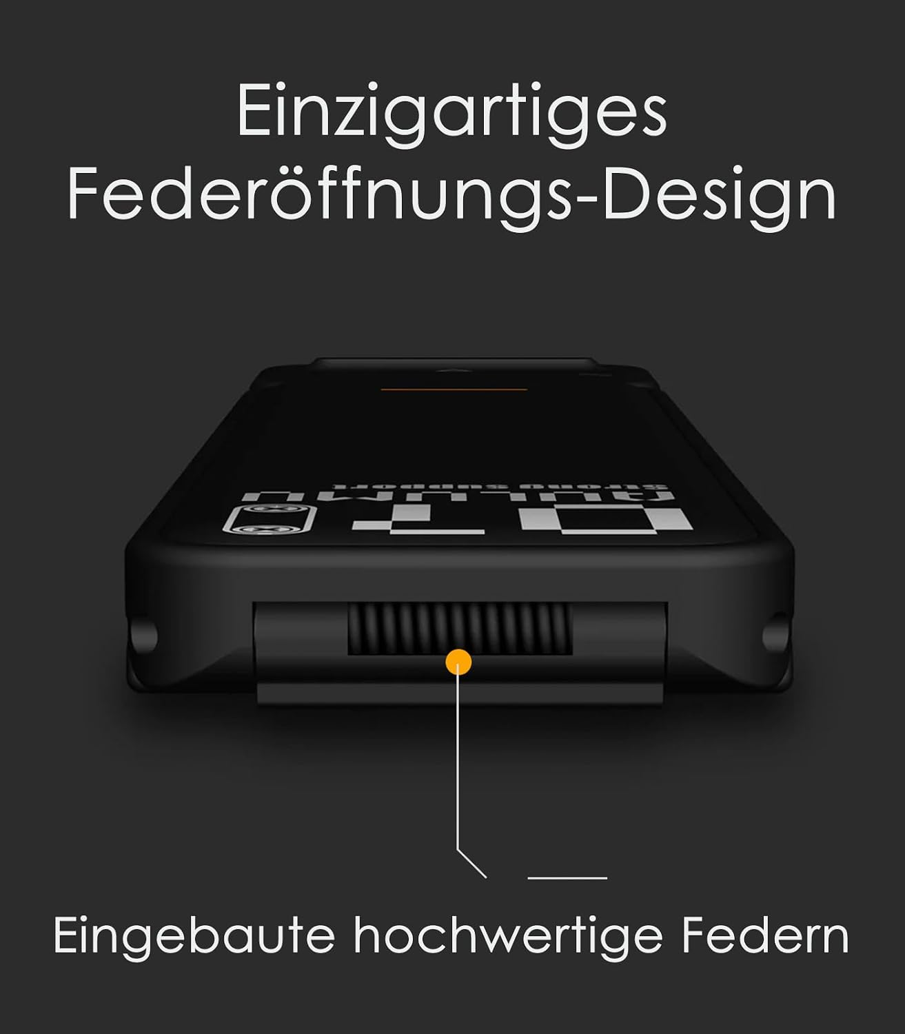Schwarzes Gerät mit eingebauten Federn und Text.