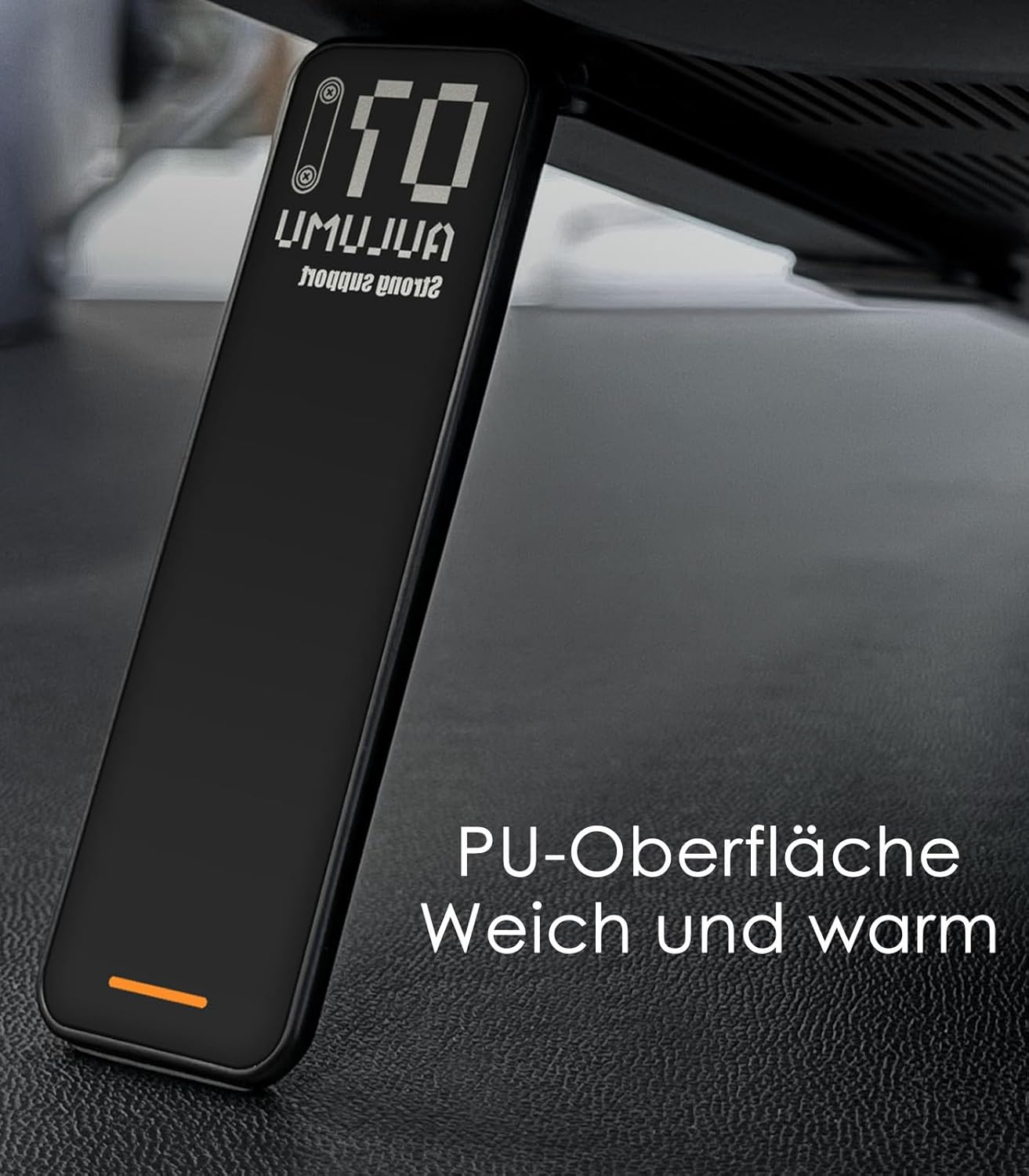 Schwarzes, rechteckiges Gerät mit digitaler Anzeige und orangem Akzent.