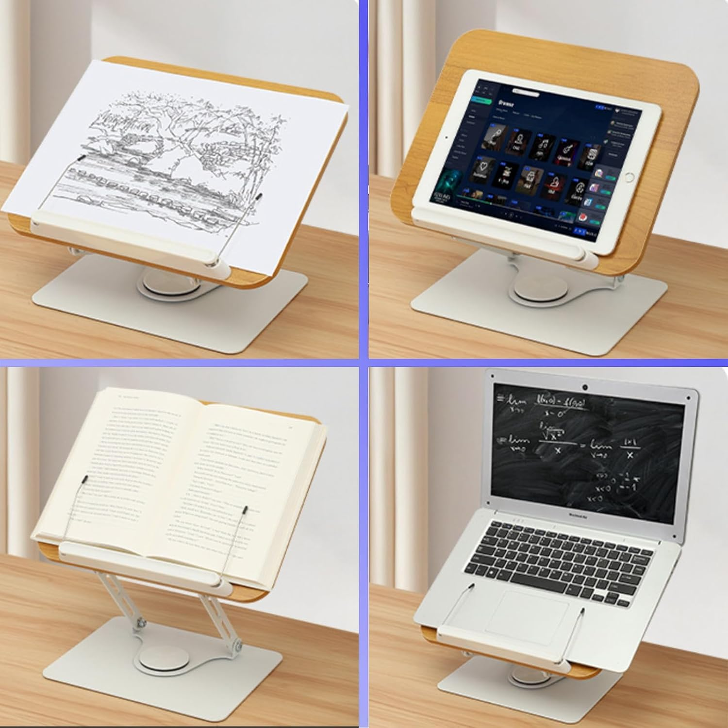 Ein verstellbarer Ständer mit einem Buch, Tablet, Laptop und Zeichnung.