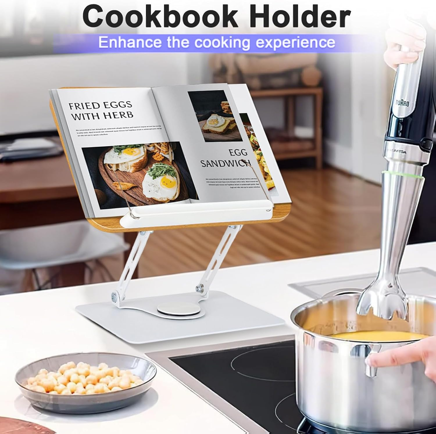 Kochbuchhalter mit Kochbuch, Handmixer in Topf, Schüssel mit Bohnen auf Herd.