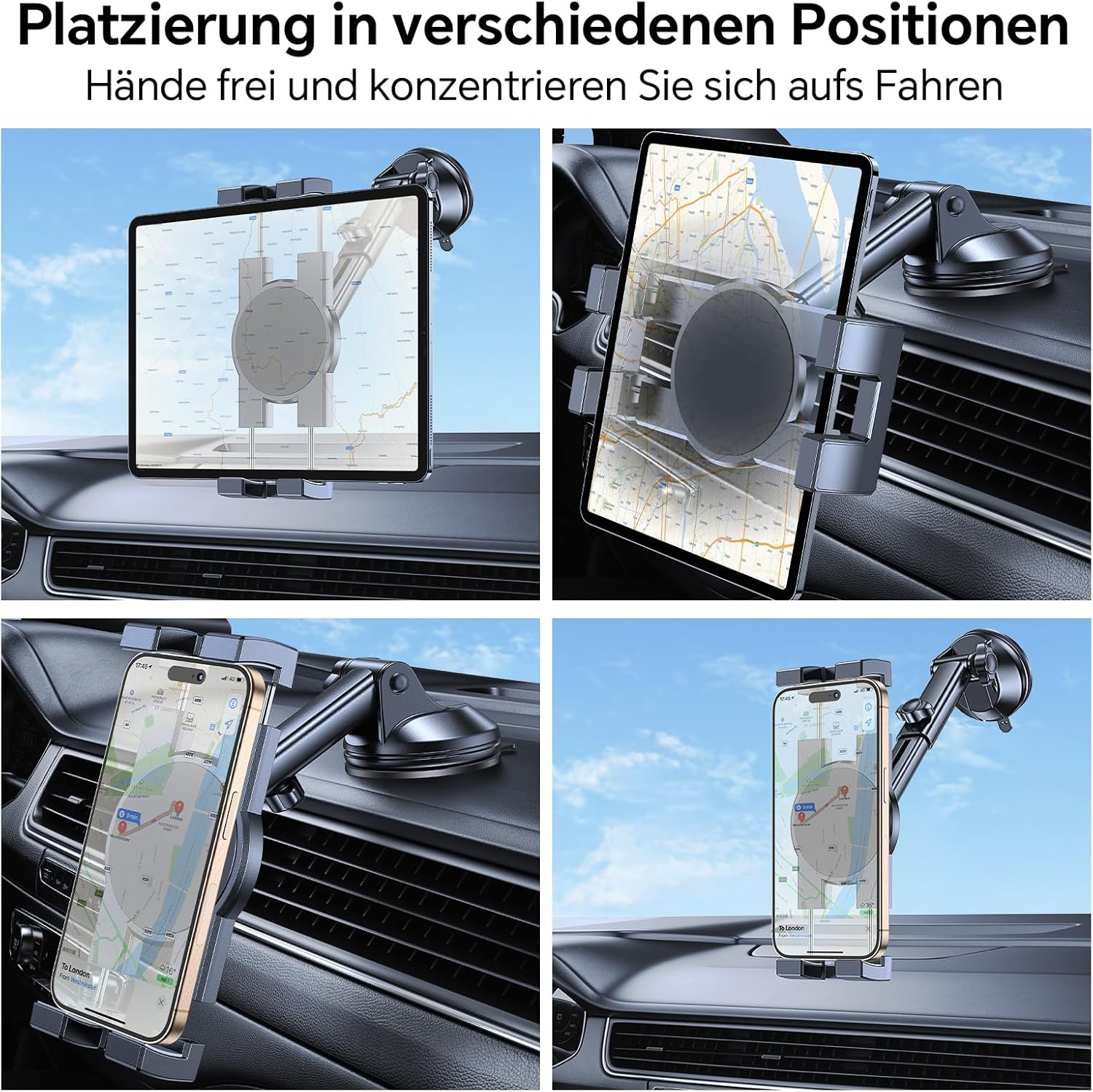Autohalterung für Tablet und Smartphone mit Navigationsanzeige.