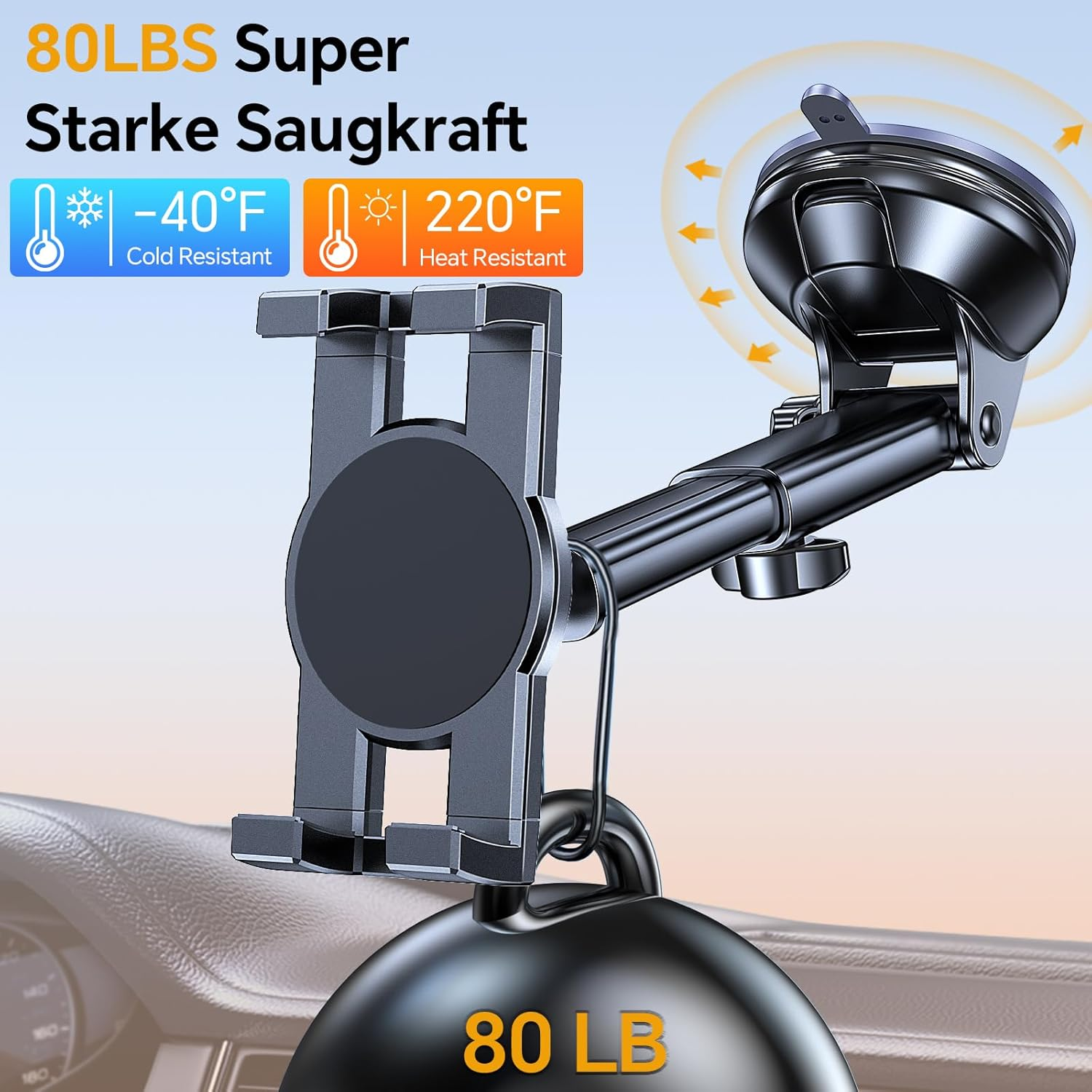Ein schwarzer Handyhalter für Autos mit starker Saugnapfhalterung.