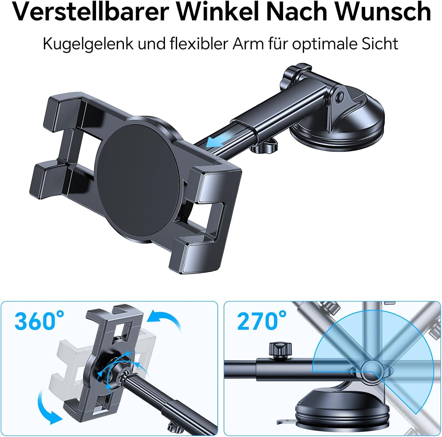 Flexibler Handyhalter mit Saugnapf, schwenkbar 360° und 270°.