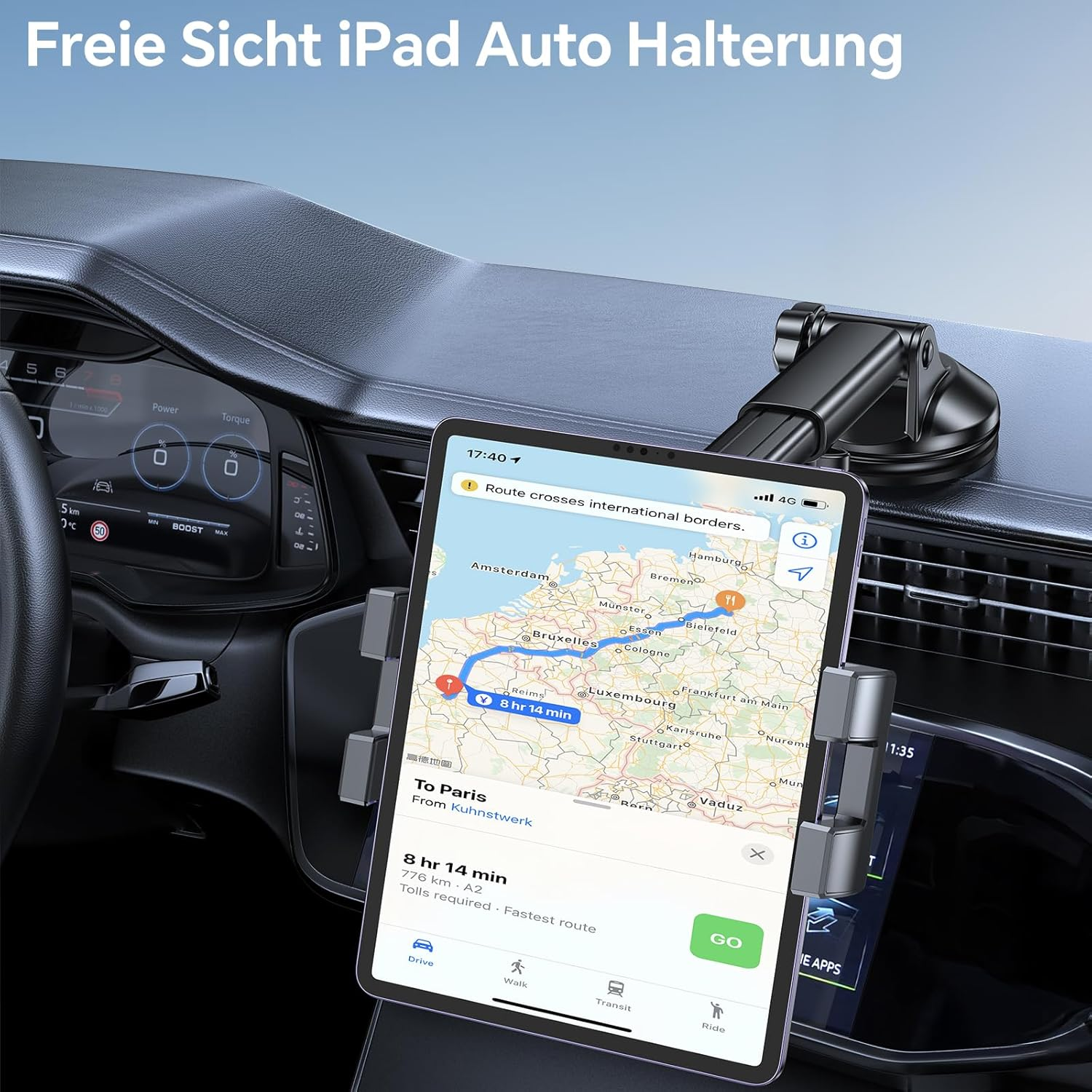 Ein iPad-Autohalter zeigt eine Navigations-App mit einer Route von Deutschland nach Paris an.