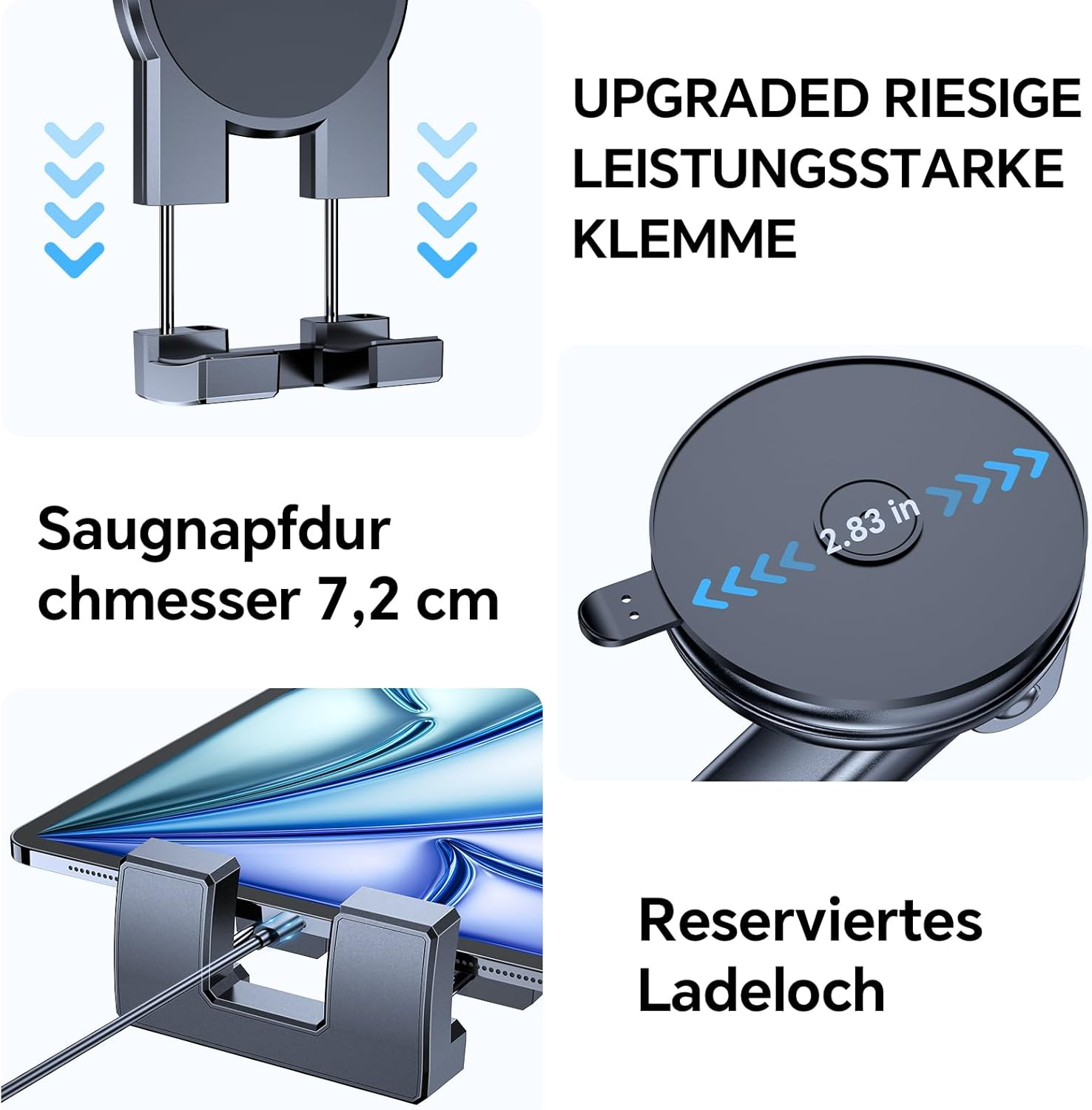 Starker Klemmhalter mit 7,2 cm Saugnapfdurchmesser und Ladeloch.