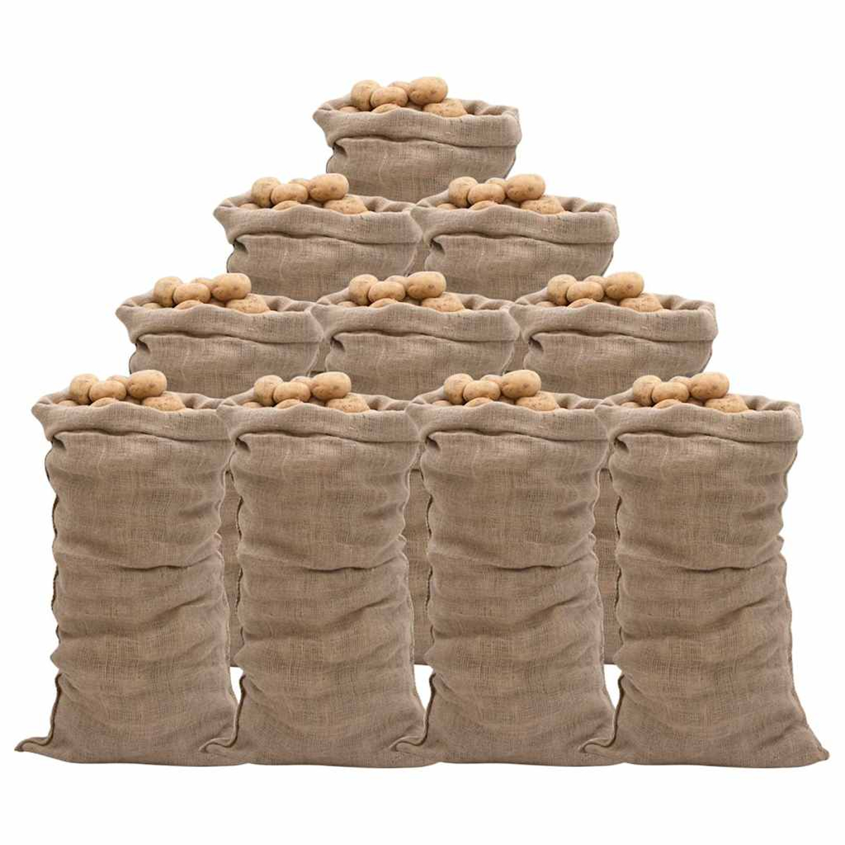 Zehn Säcke voller Kartoffeln, gestapelt in einer Pyramidenform auf weißem Hintergrund.