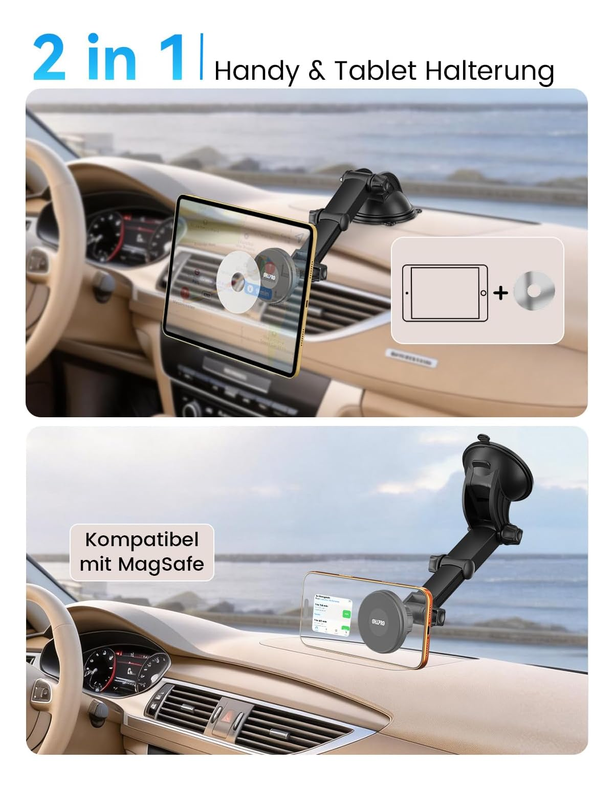 Handy-/Tablethalterung im Auto mit Saugnapf, für MagSafe.