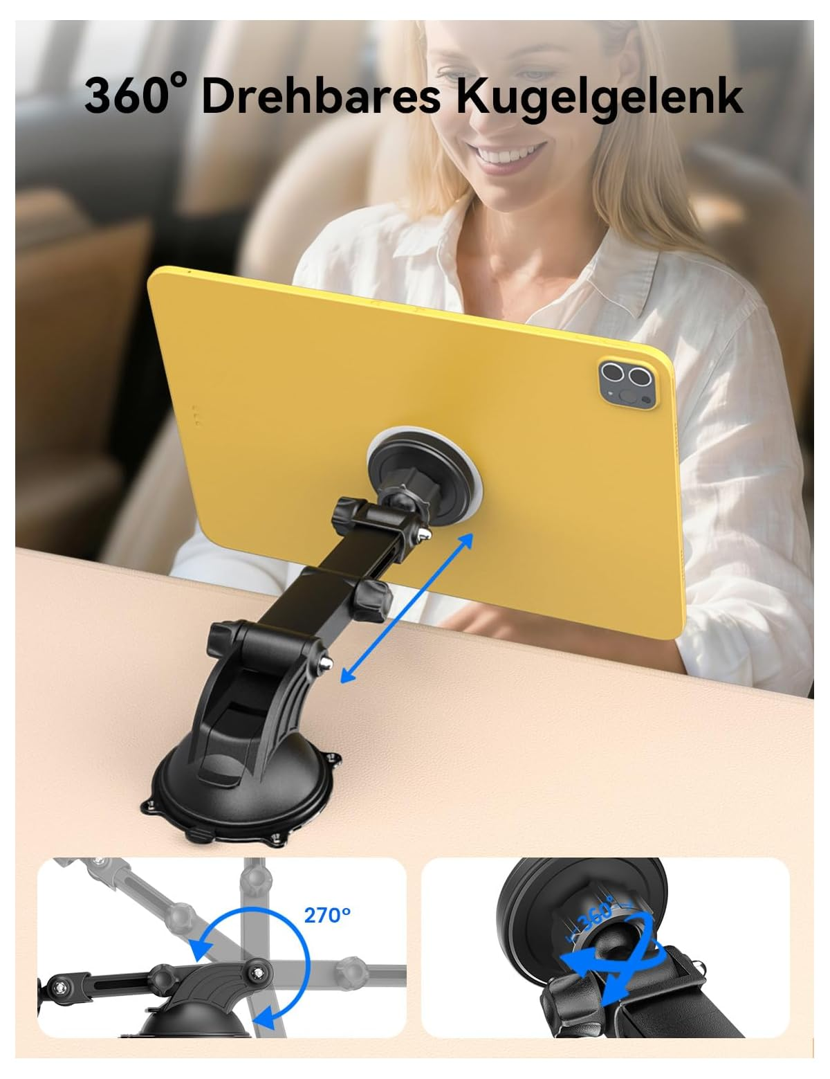 Gelbes Tablet auf einer Halterung mit Saugnapf im Auto. 360° Kugelgelenk.