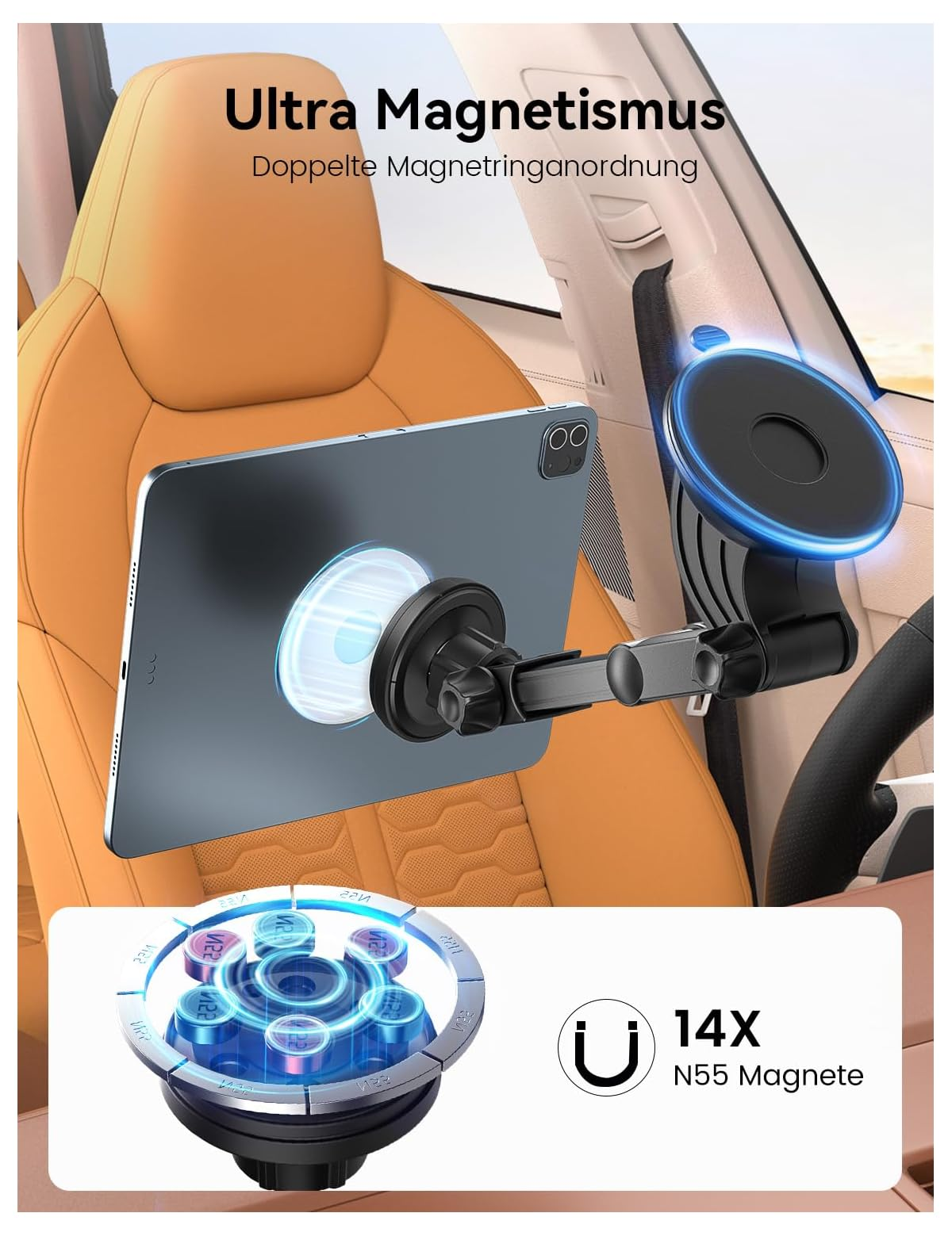 Ein Tablet wird von einer Halterung an einem Autositz gehalten. Unten sind Magnete.