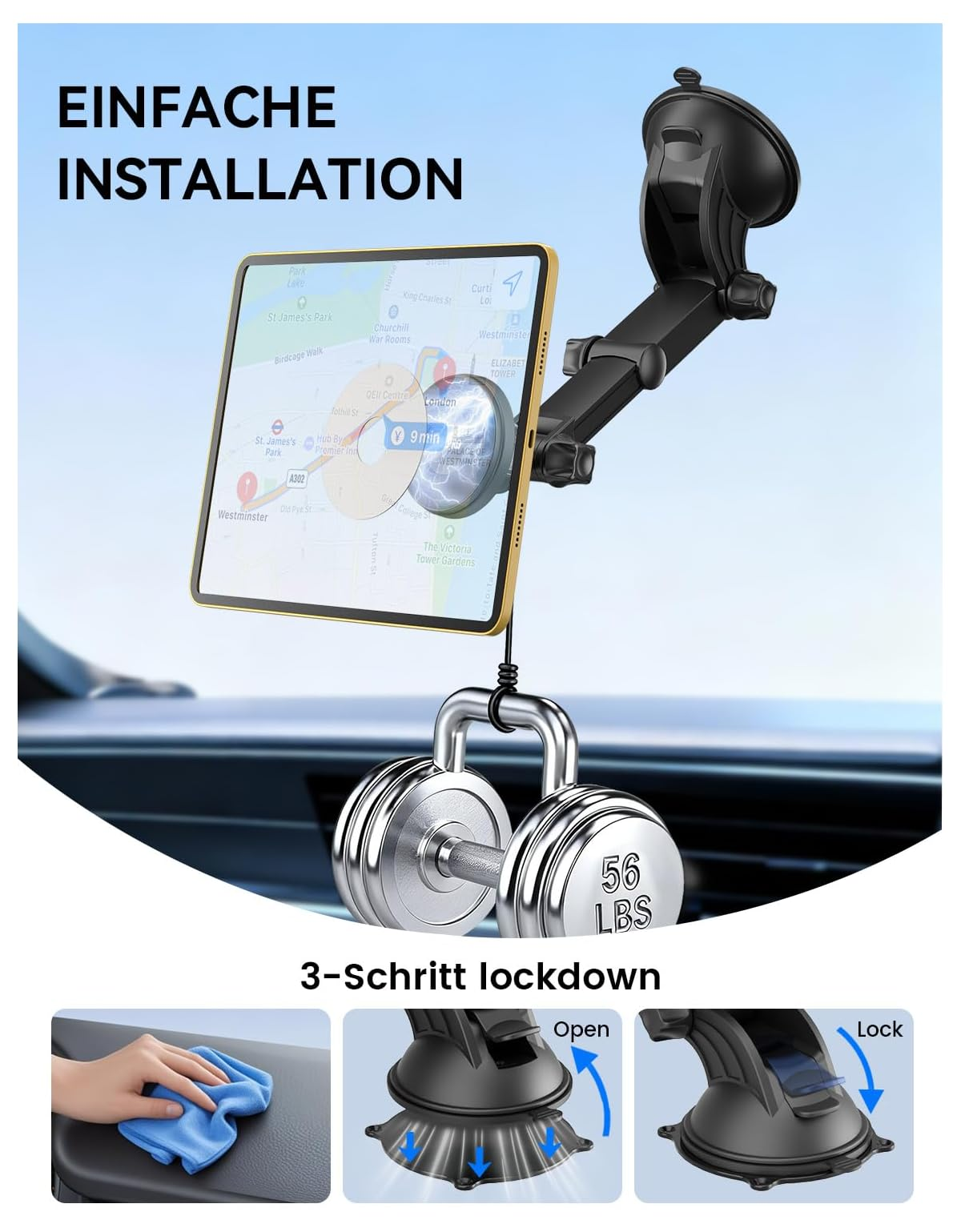 Autohalterung mit Saugnapf und Navigations-App auf dem Bildschirm.