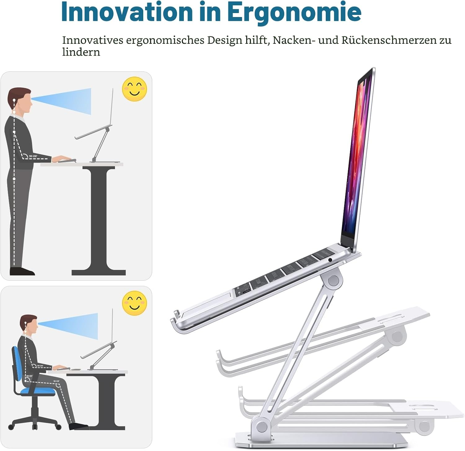 Ergonomischer Laptop-Ständer für Steh- und Sitzpositionen.