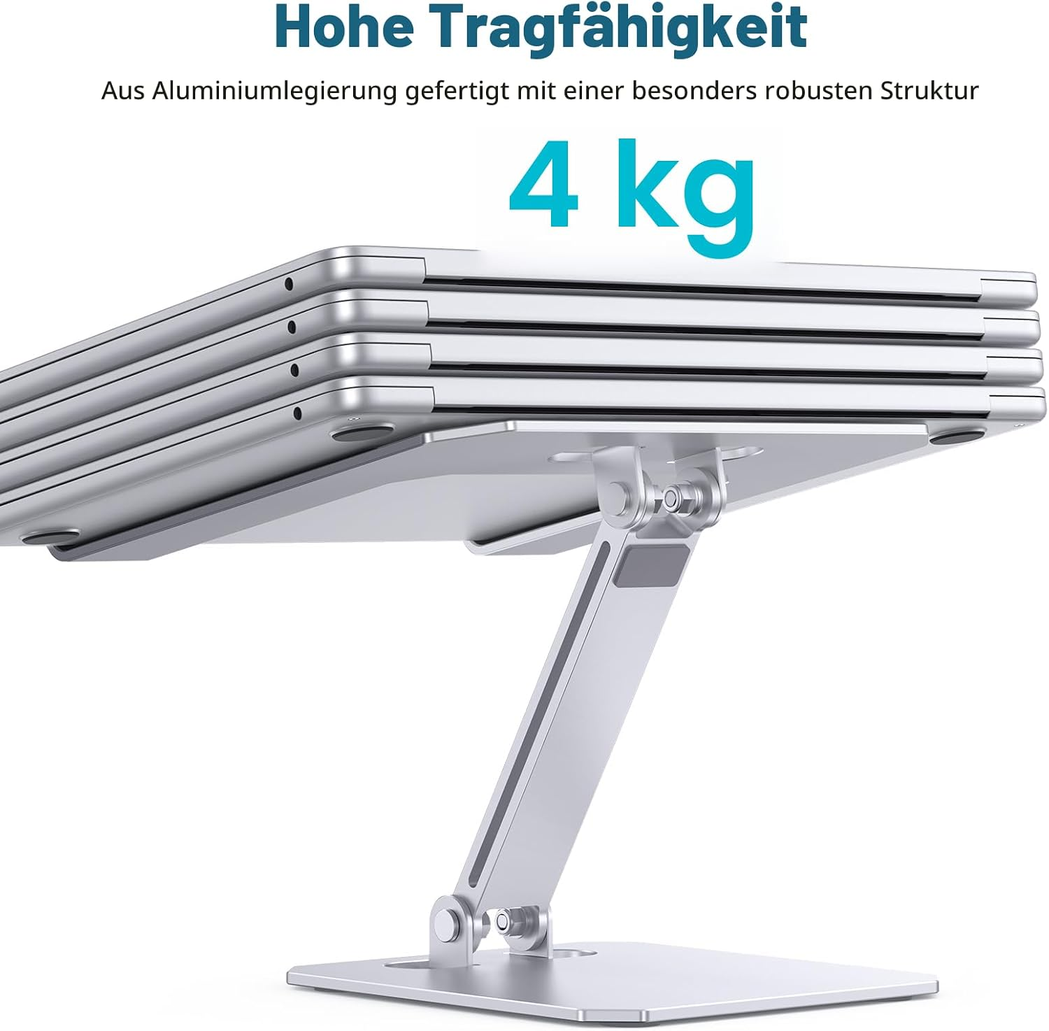 Silberner Laptopständer mit 4 kg Tragfähigkeit, aus Aluminium.