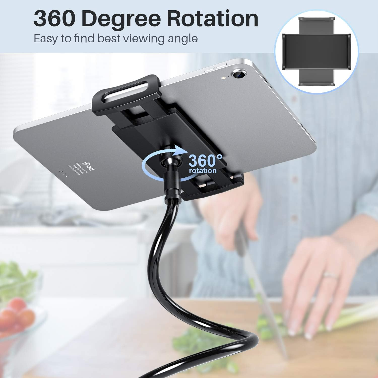 Ein iPad ist auf einem flexiblen Halter montiert, der 360 Grad drehbar ist.