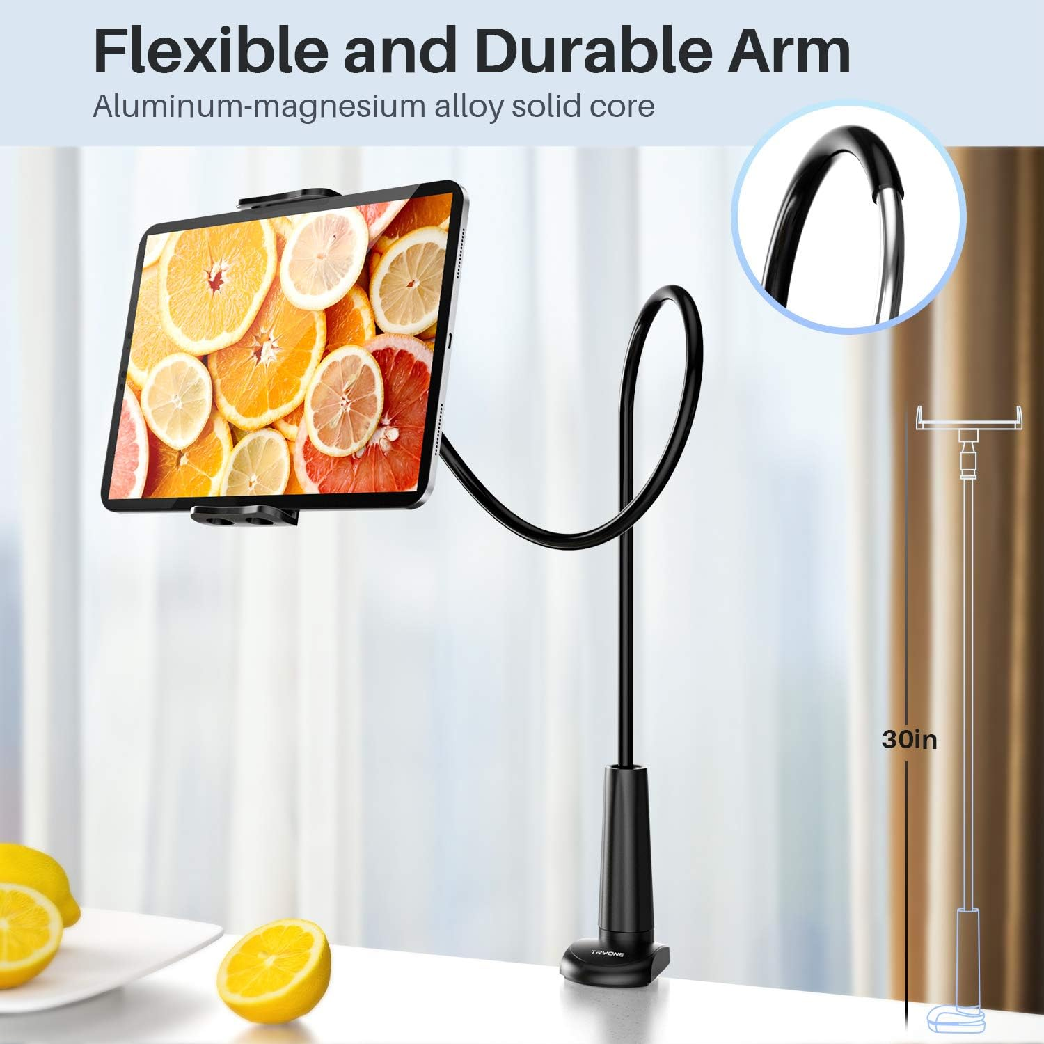Ein schwarzer Tischständer hält ein Tablet mit Orangen- und Zitronenscheiben. Ein flexibler Arm.