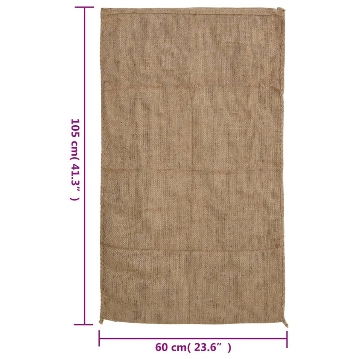 Ein einfacher brauner Jutesack, 105 cm lang und 60 cm breit, liegt flach auf weißem Grund.