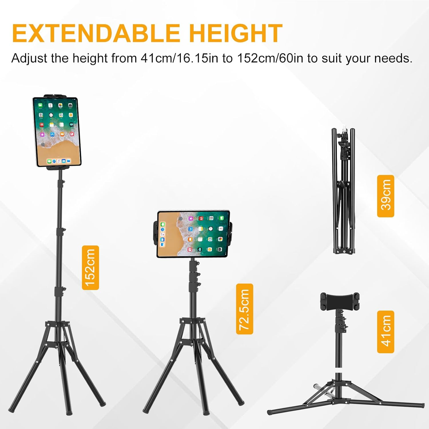 Stativ mit Tablet in verschiedenen Höhen. Max. 152cm.