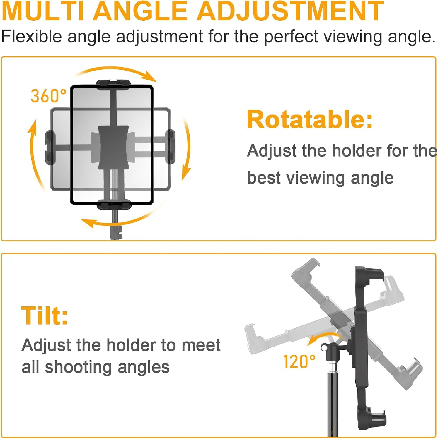 Halterung für Tablet/Smartphone mit 360° Drehung und 120° Neigung.