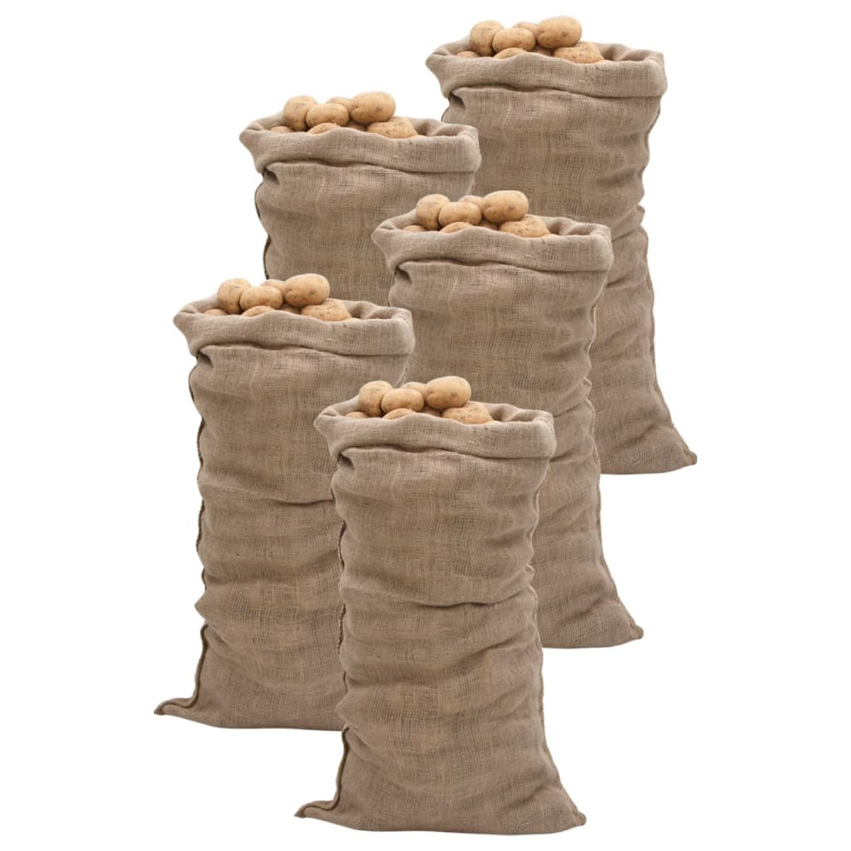 Vier Jutesäcke voller Kartoffeln auf weißem Hintergrund.
