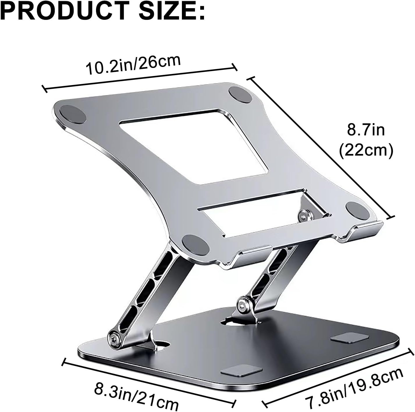 Silberner Laptopständer aus Aluminium, Maße 26x22cm.