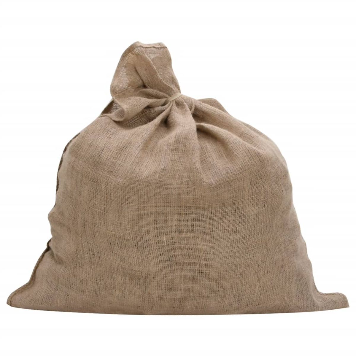 Ein voller, gebundener Jutesack steht auf weißem Hintergrund. Der Sack ist braun und scheint aus grobem Material zu sein.