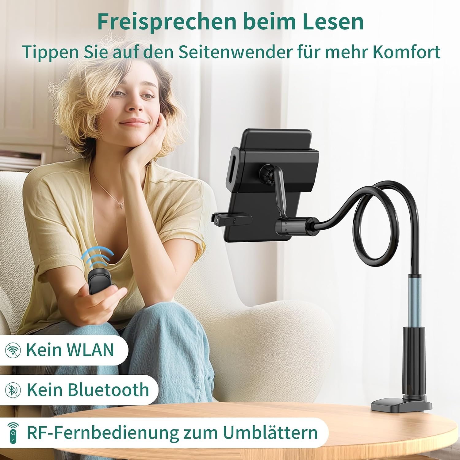 Frau hält Fernbedienung, Tablet-Halterung mit flex. Arm, kein WLAN/Bluetooth.
