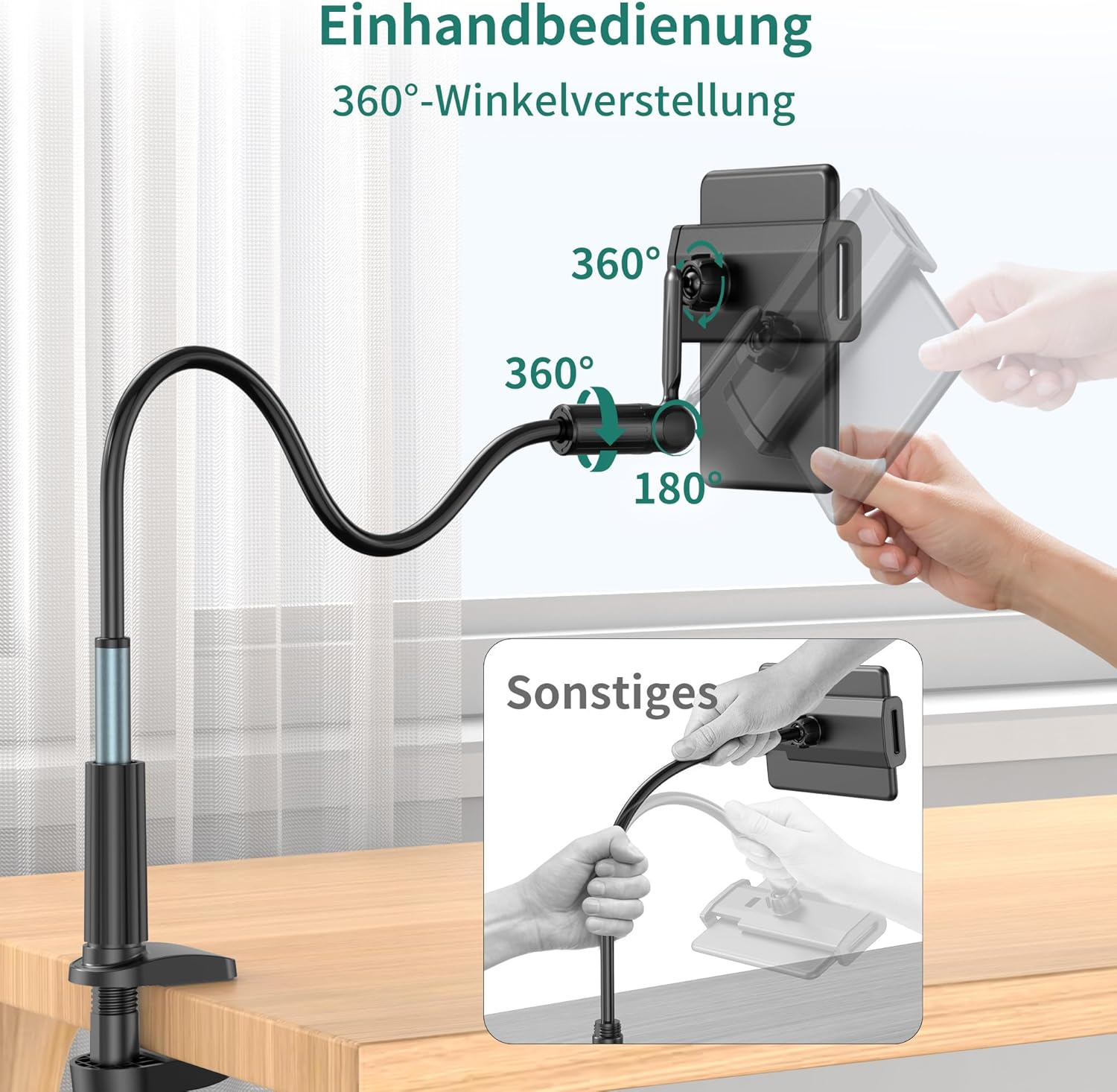 Flexibler Handyhalter mit 360-Grad-Verstellung, an einem Schreibtisch befestigt.