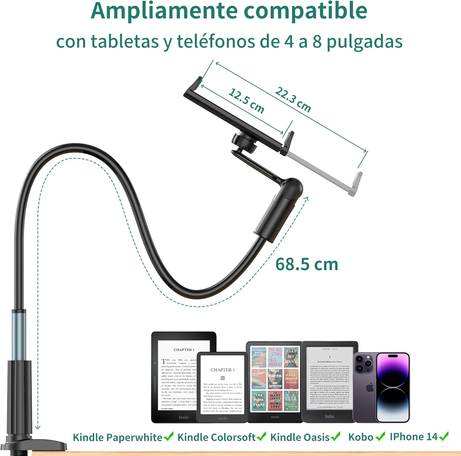 Flexibler Handyhalter mit Maßen und verschiedenen E-Readern und einem iPhone.
