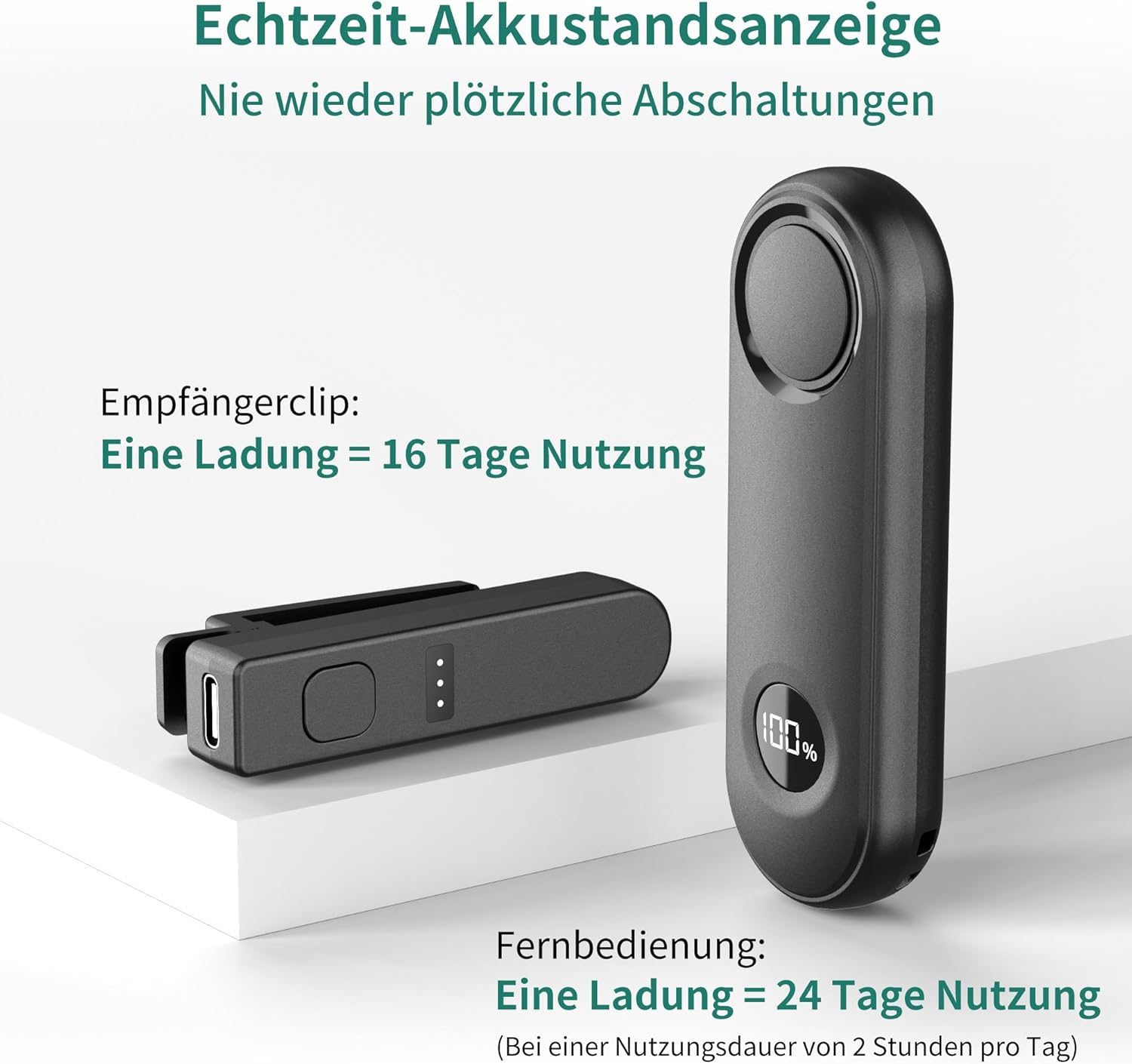 Echtzeit-Akkustandsanzeige: Empfängerclip für 16 Tage, Fernbedienung für 24 Tage.