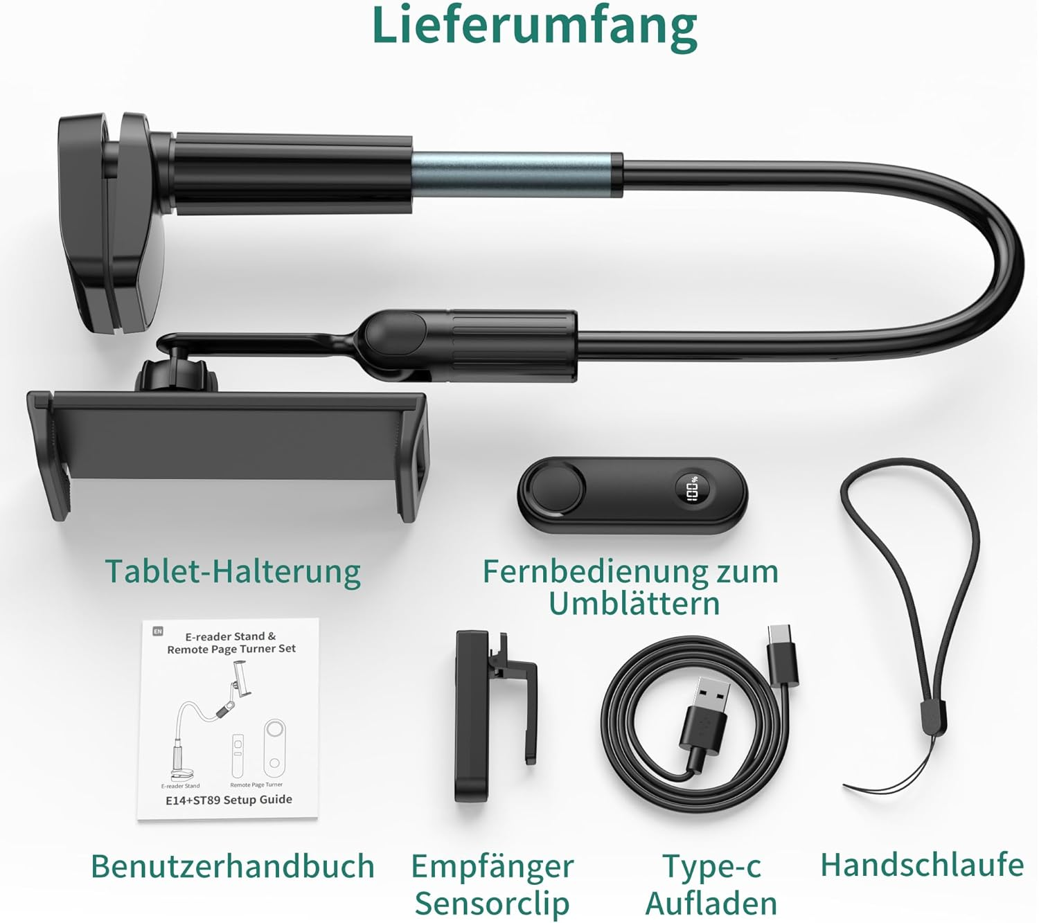 Der Lieferumfang zeigt einen Tablet-Halter, Fernbedienung, USB-C-Kabel, Empfänger, Handschlaufe und Handbuch.