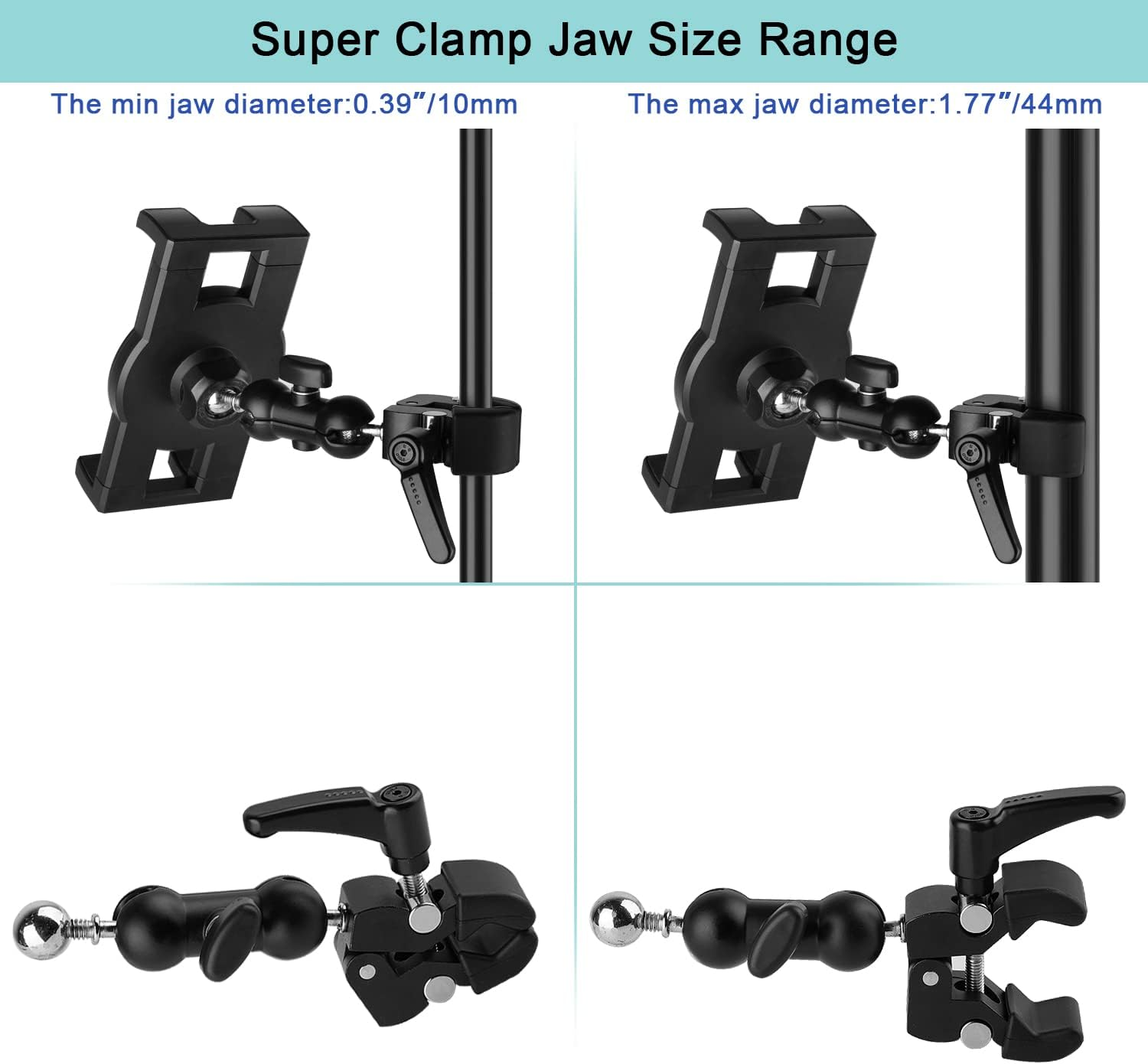 Super Clamp mit verschiedenen Kiefergrößen: min 0.39", max 1.77".