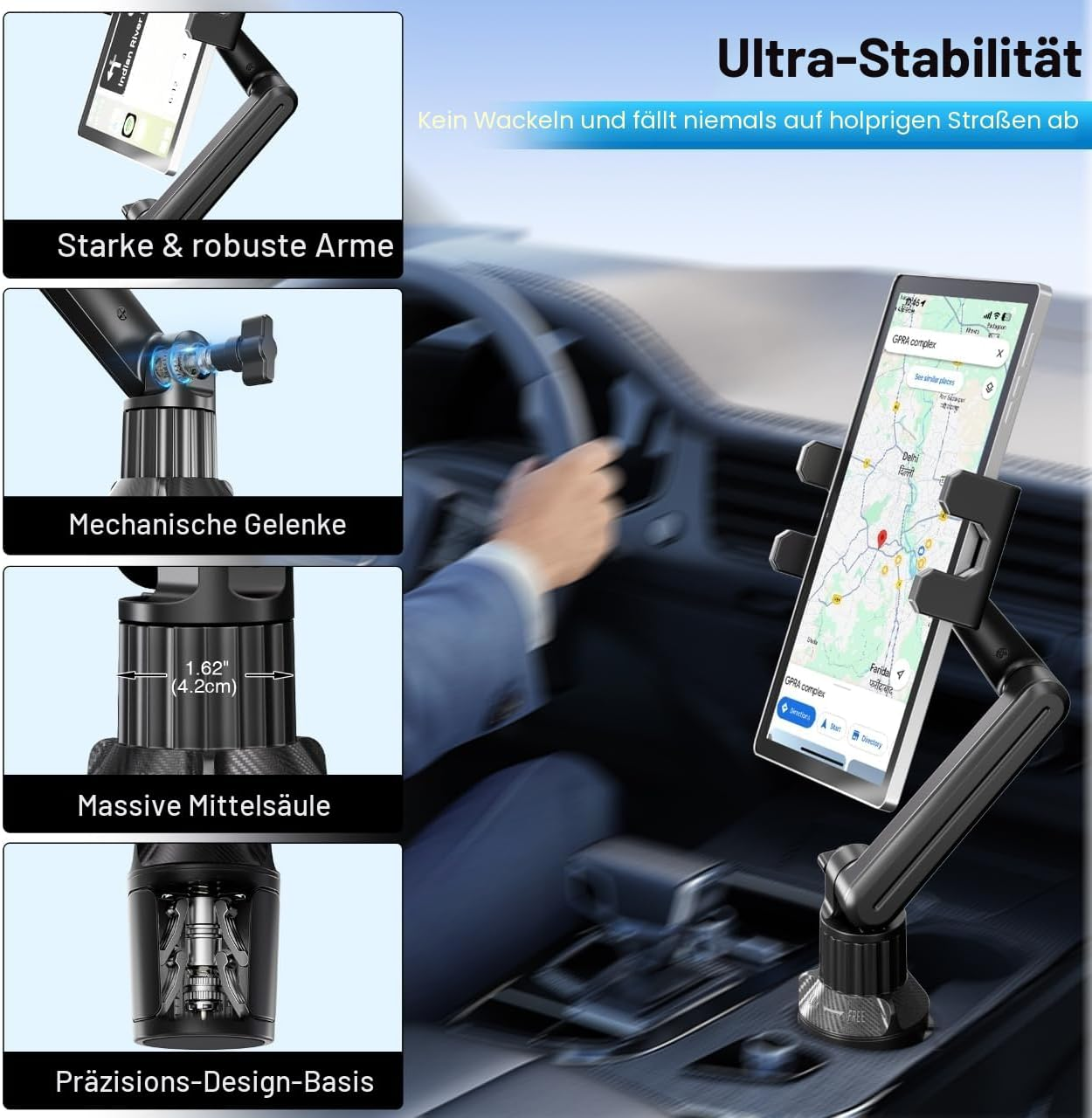 Ein Handyhalter im Auto zeigt eine Navigations-App. Nahaufnahmen zeigen starke Arme, Gelenke, Säule und Basis.