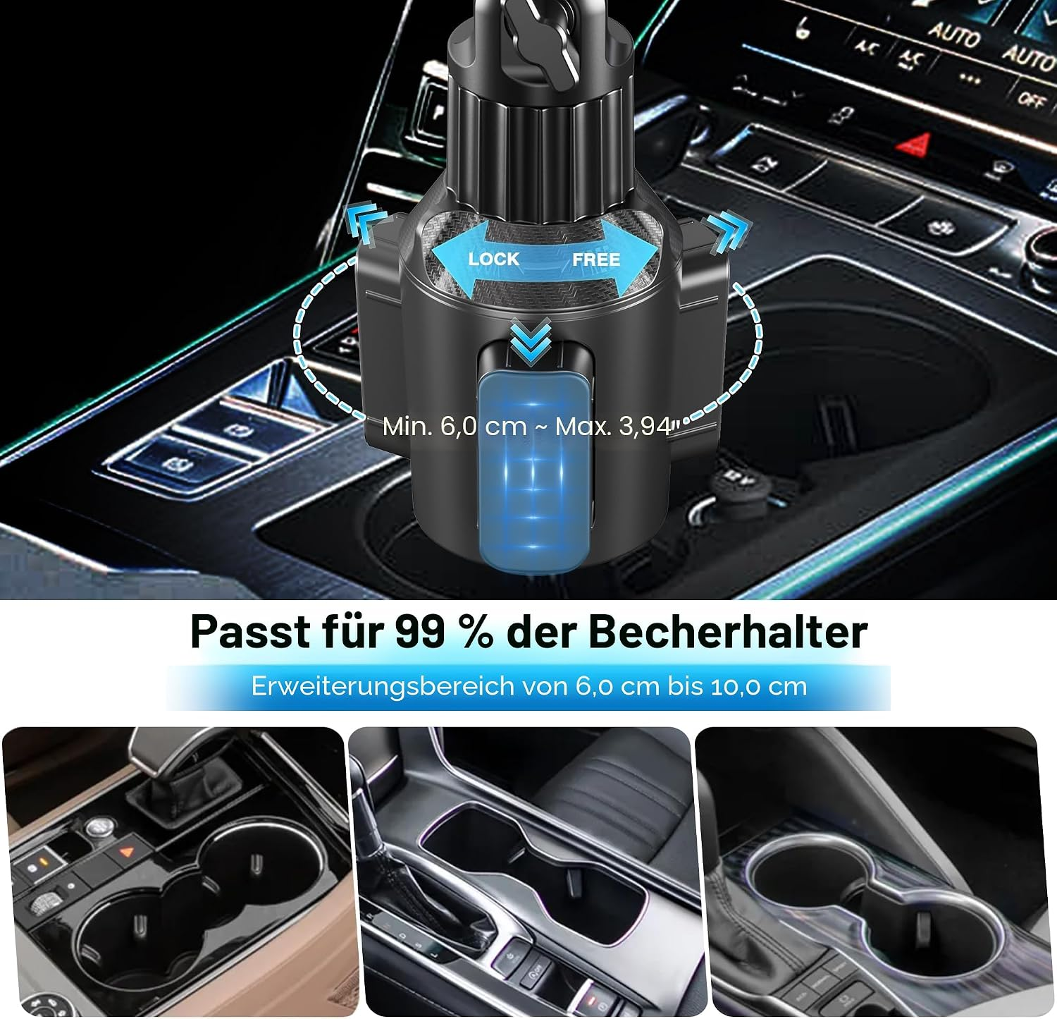 Getränkehalter-Erweiterung für Autos mit Anzeige von 6-10 cm.