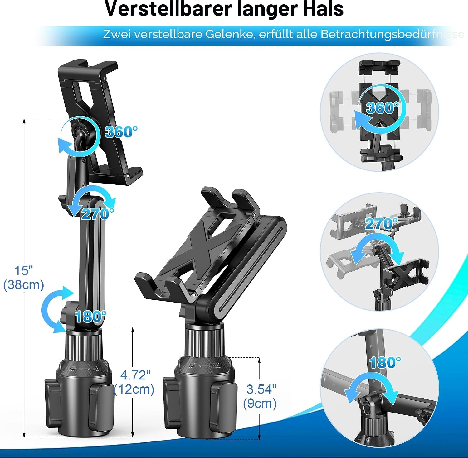 Verstellbarer Hals mit 360°, 270°, 180° Gelenken. Maße 38cm, 12cm, 9cm.