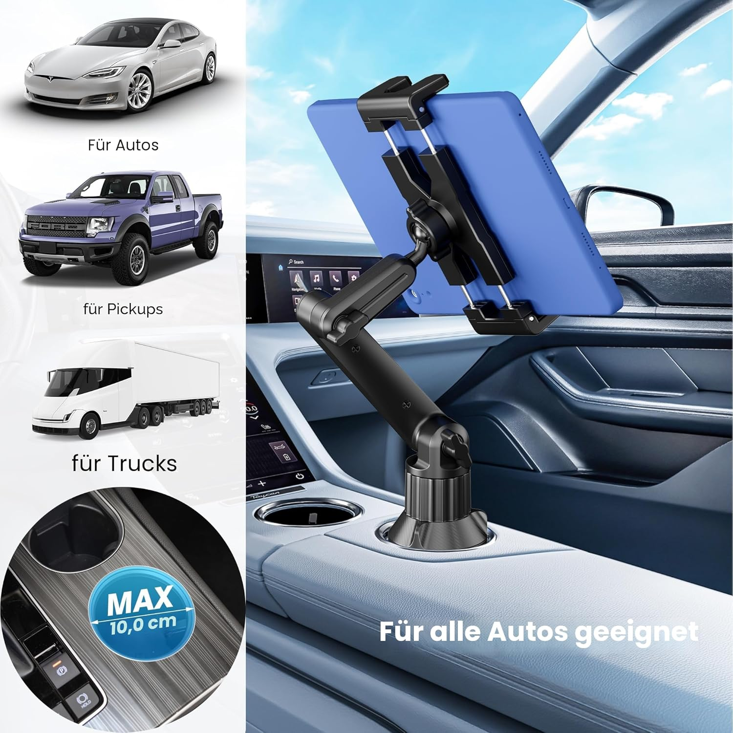 Ein blauer Tablet-Halter ist in einem Auto montiert. Autos, Pickups und LKWs sind abgebildet.