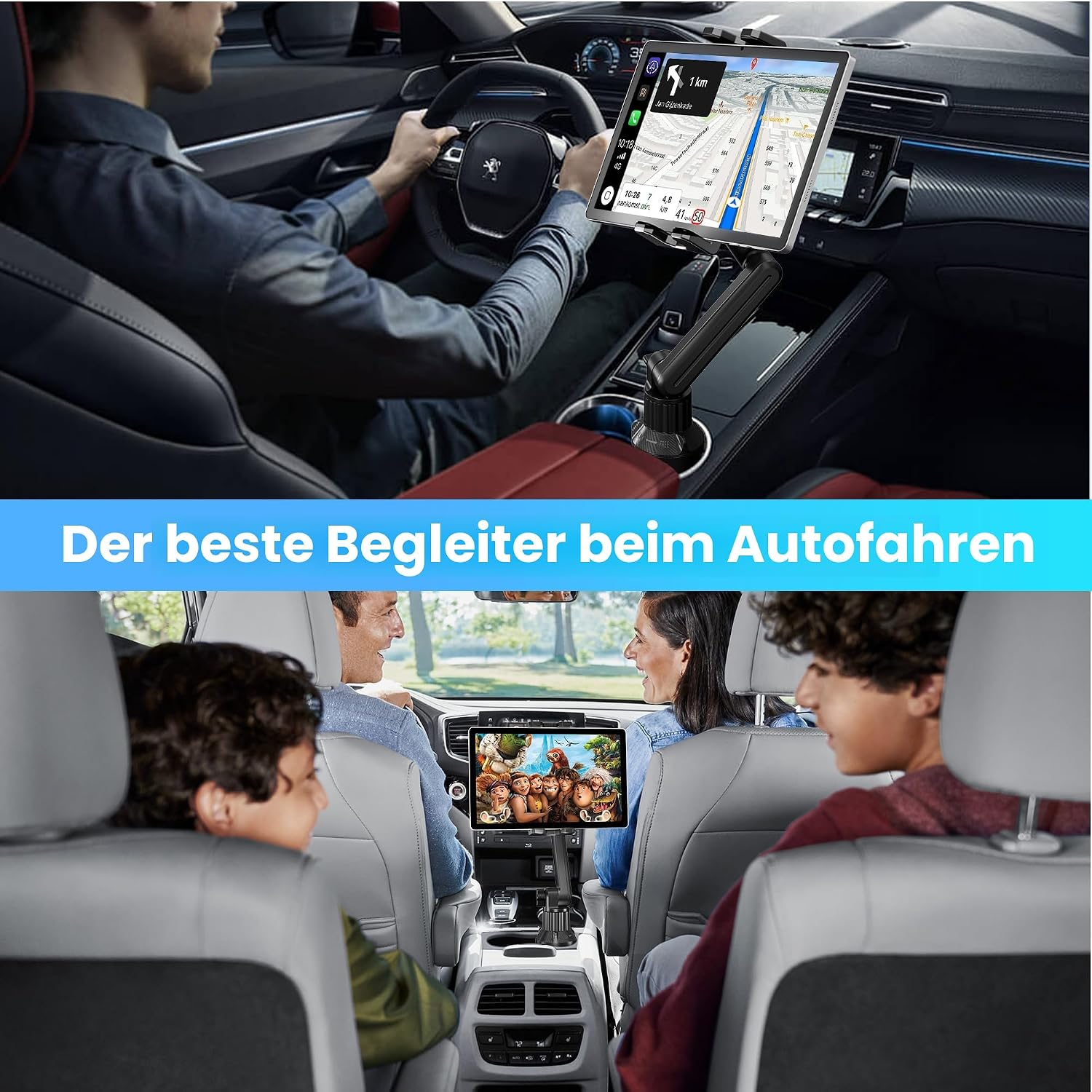 Fahrer und Familie nutzen Autohalterung für Tablet und Navi im Auto.