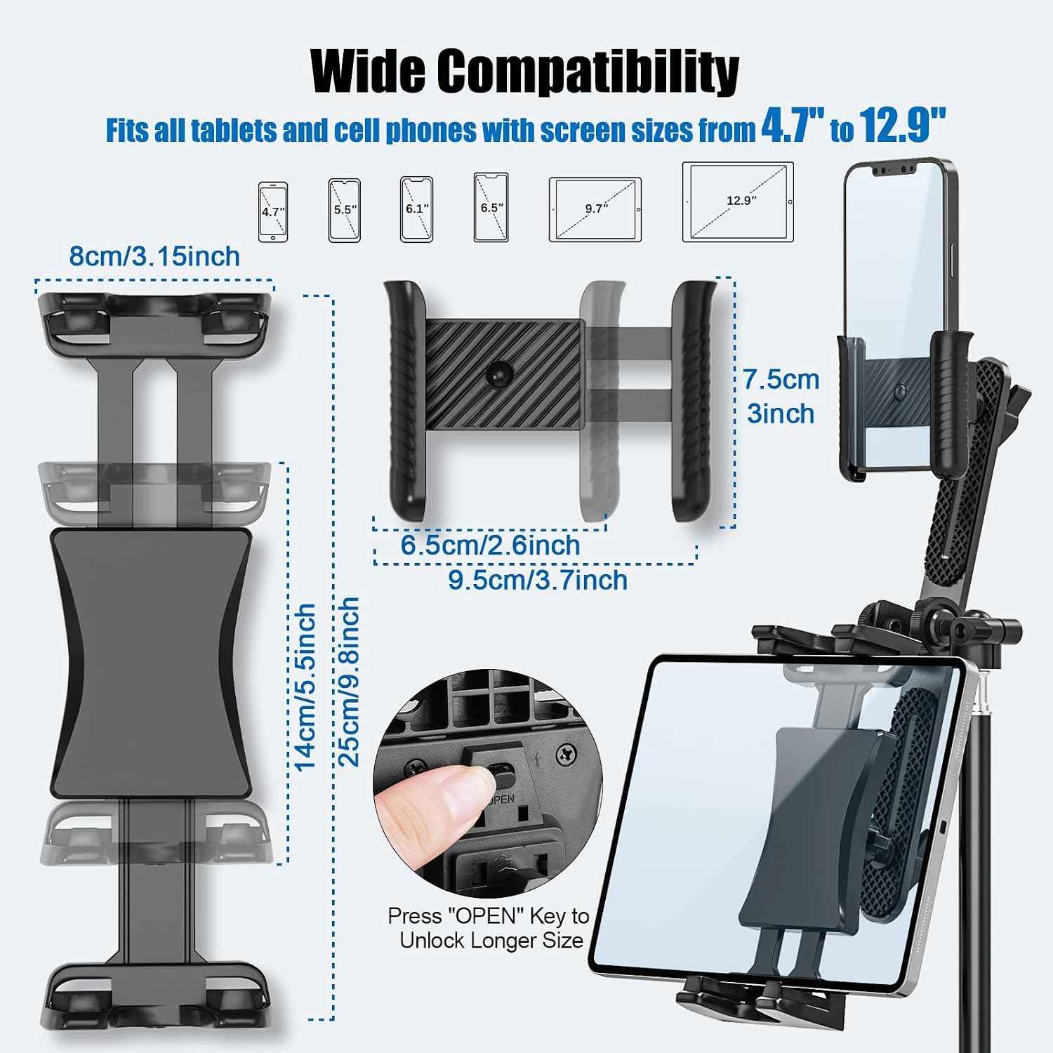 Ein verstellbarer Halter für Tablets und Handys von 4,7 bis 12,9 Zoll.