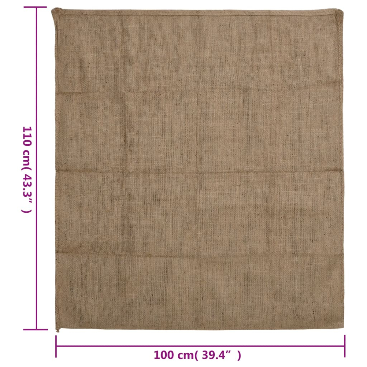 Ein beiger Jutesack wird flach gezeigt, Maße 110cm x 100cm.