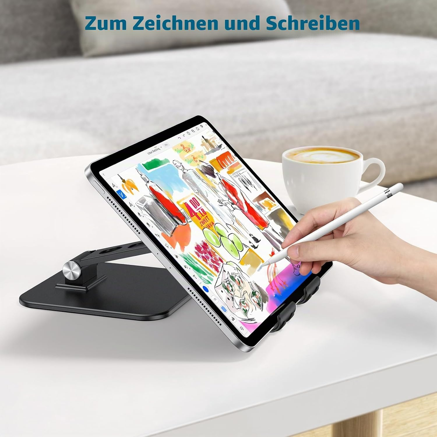 Ein Tablet mit Stift auf einem Ständer, das zum Zeichnen verwendet wird.