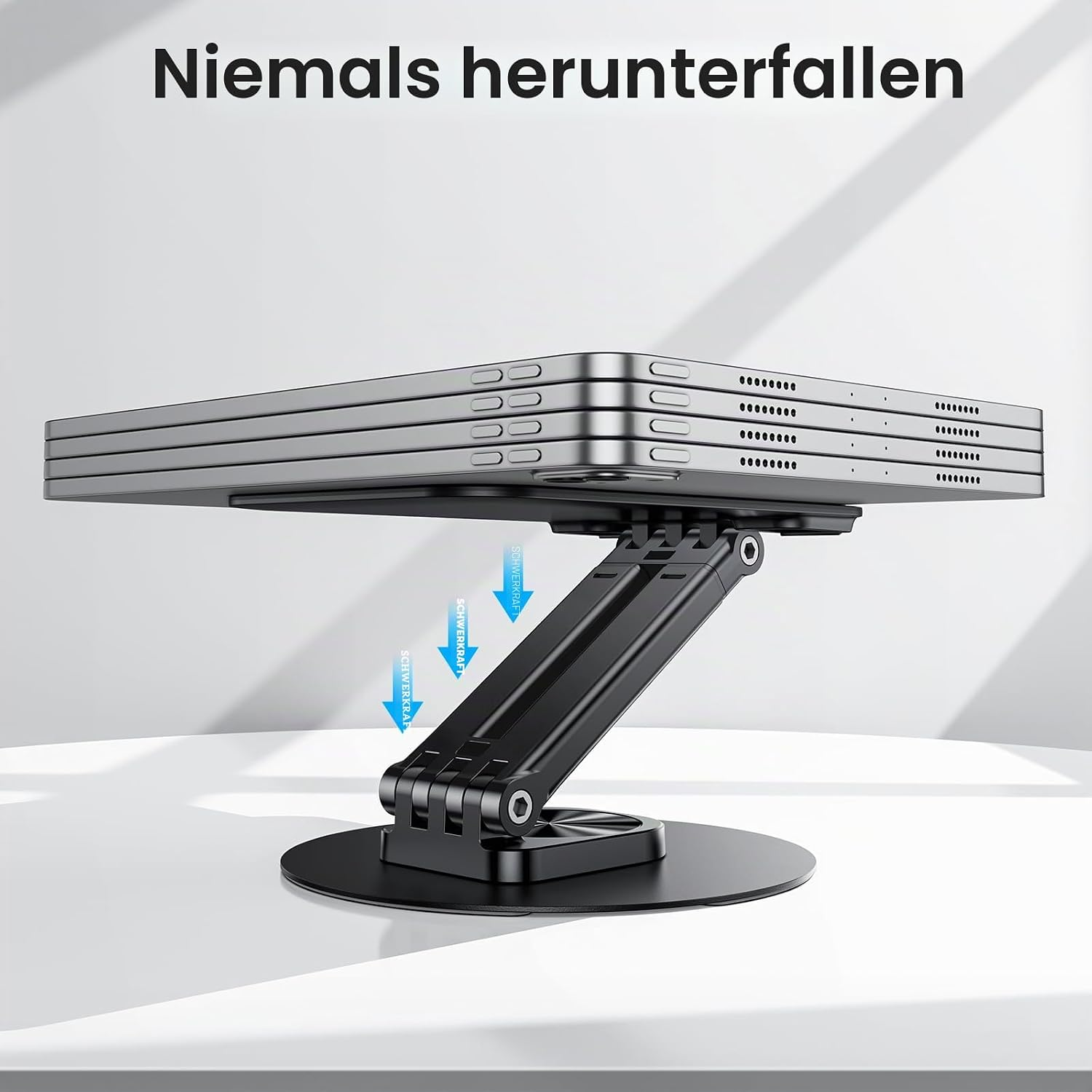 Ein graues Tablet ruht auf einem schwarzen, verstellbaren Ständer mit runder Basis.